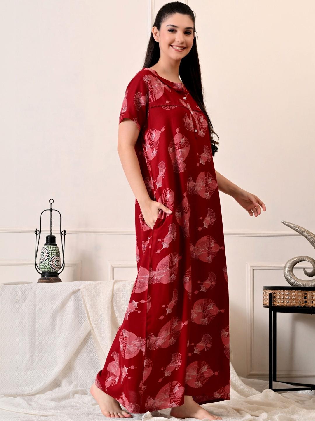 Ichaa Floral Maroon Printed Viscose Rayon Maxi Nightdress
