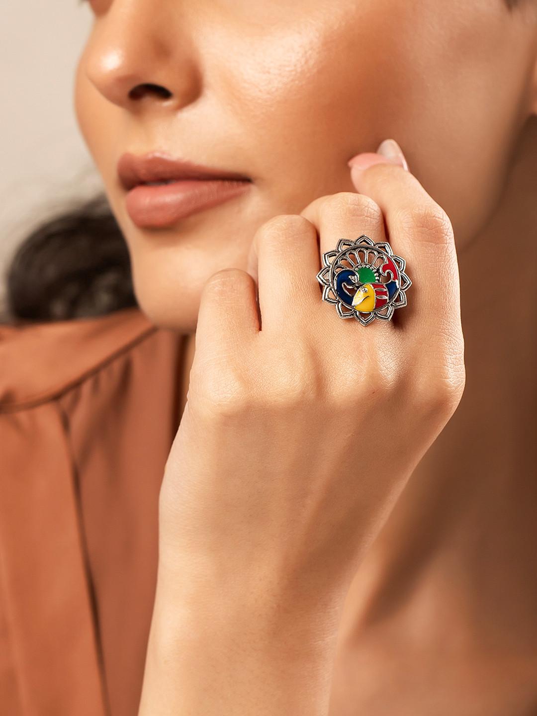 Madhubani Matsya Mayur Oxidised Enamel Ring