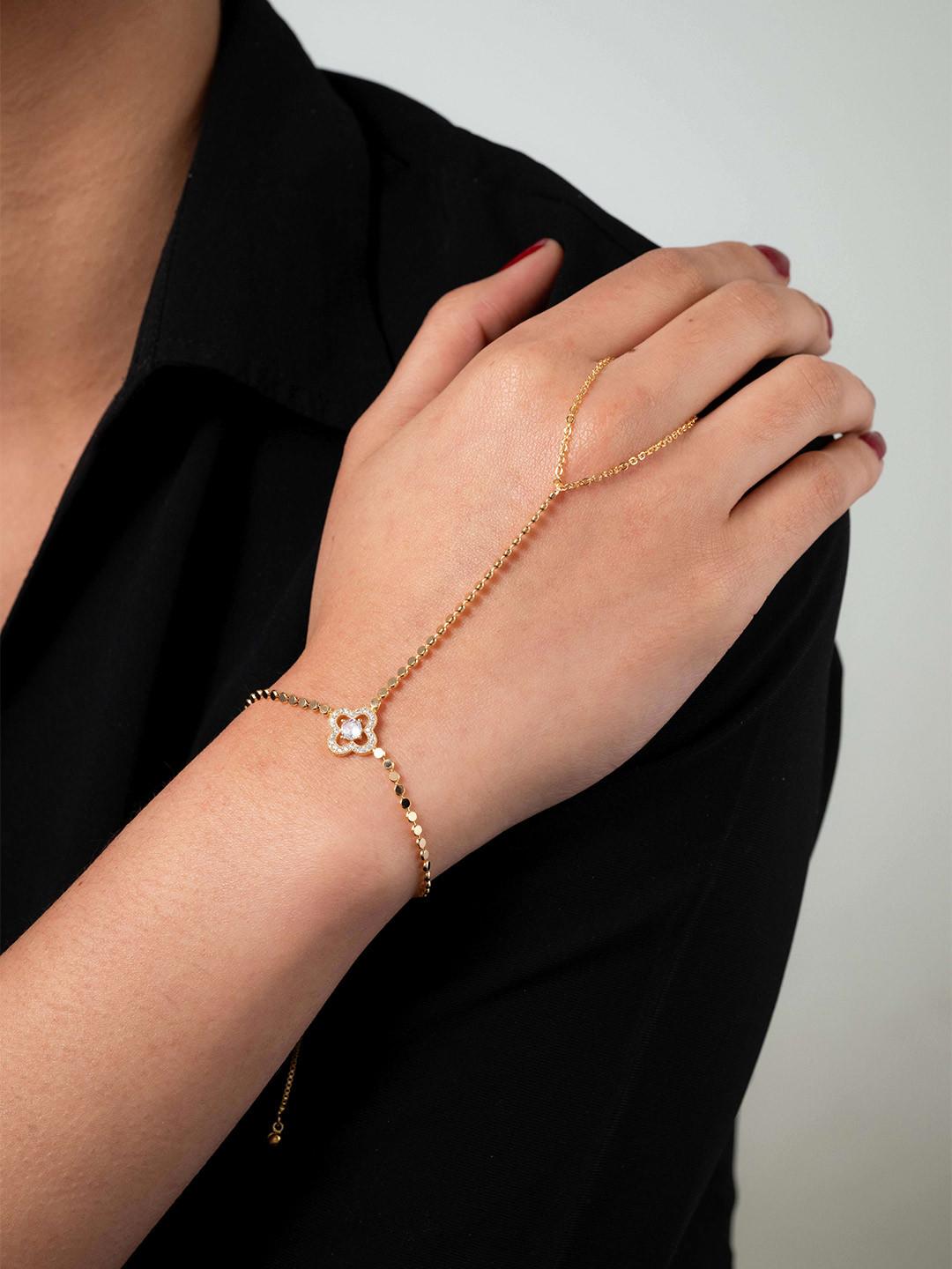 QUERALT Women Gold Toned Crystal Clover Hathphool Bracelet