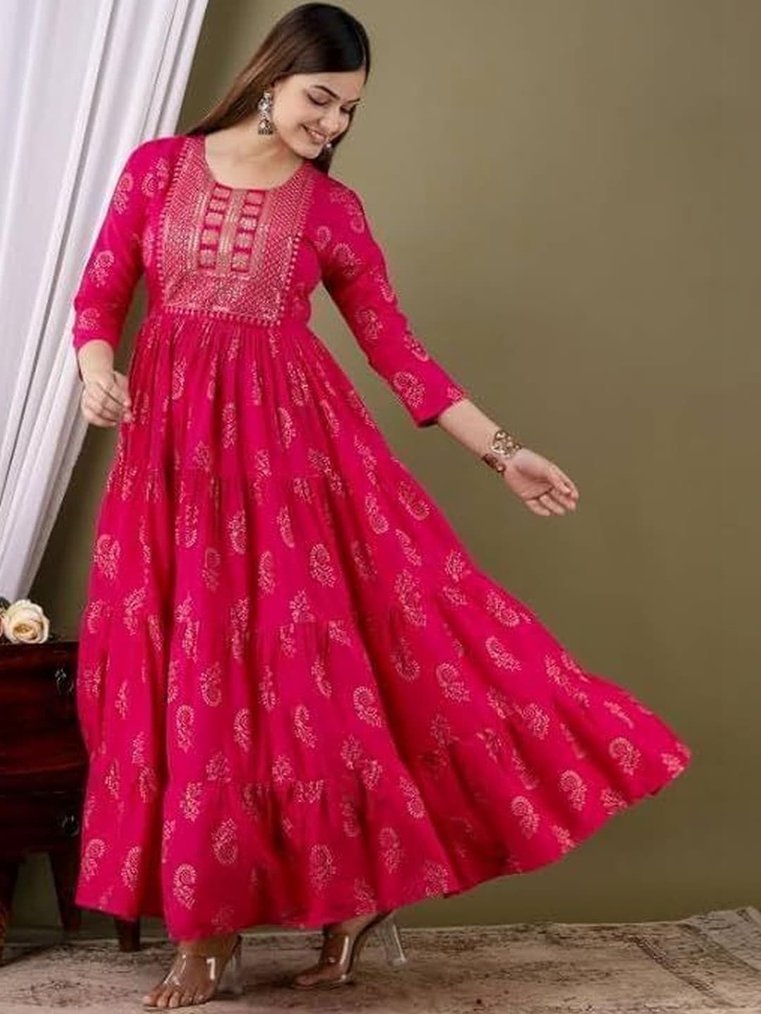 lavandis Ethnic Motifs Printed Tiered Anarkali Kurti