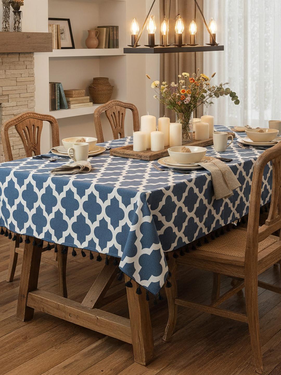 HOMEMONDE Blue Geometric Printed Cotton 4-Seater Table Cover
