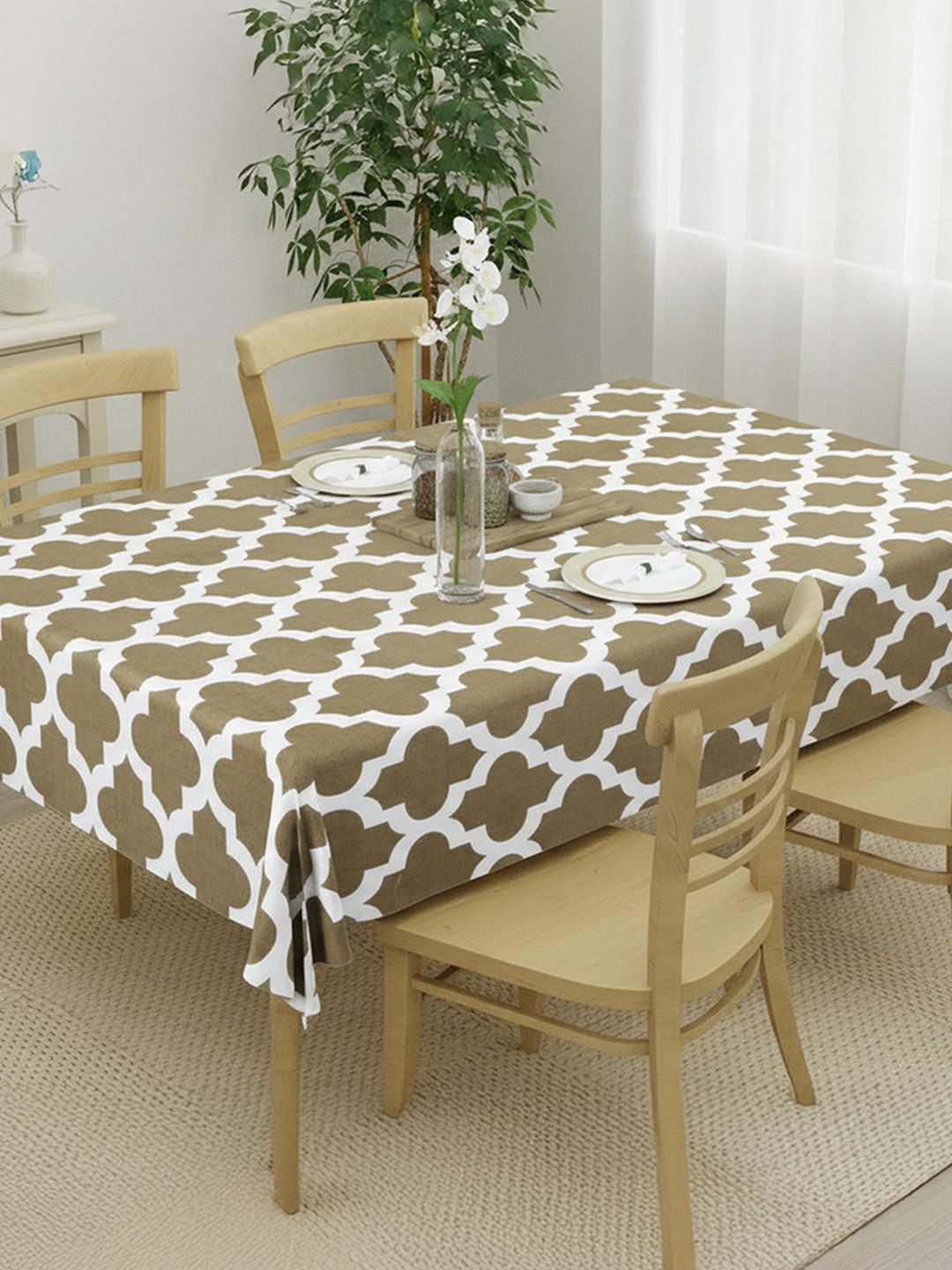 HOMEMONDE Grey & White Printed Pure Cotton 4-Seater Table Cover