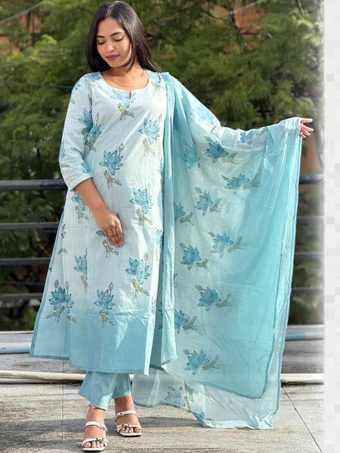 MYRIE Women Floral Printed Regular Chanderi Cotton Kurta with Trousers & With Dupatta
