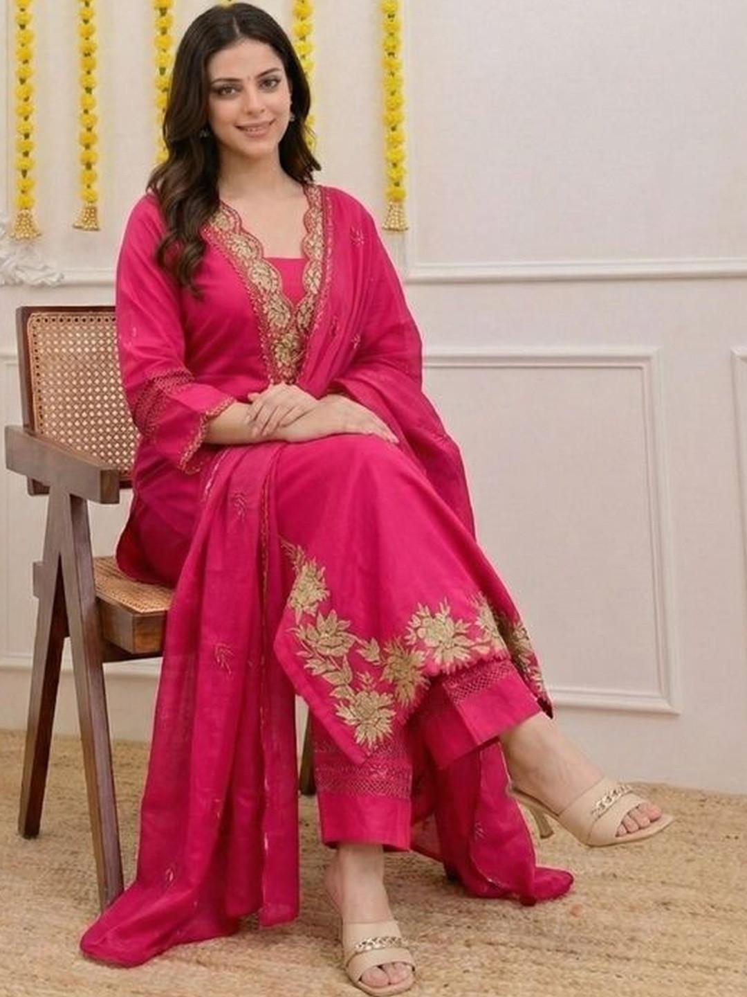 MYRIE Women Ethnic Motifs Embroidered Regular Thread Work Chanderi Cotton Kurta with Palazzos & With Dupatta