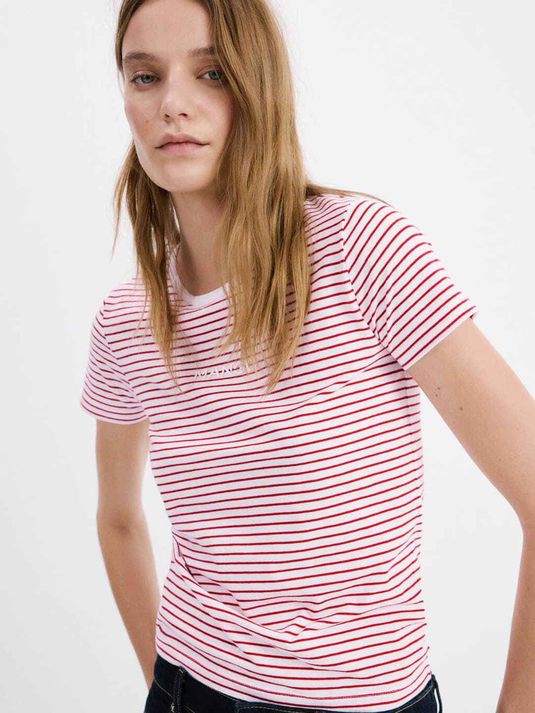 MANGO Women Striped Pure Cotton T-shirt