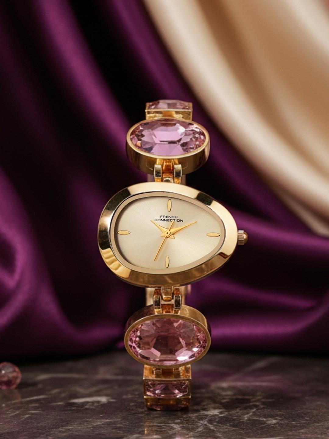 French Connection Crysten Women Crystal Stone Strap Analog Watch with Gold-Tone Oval Dial