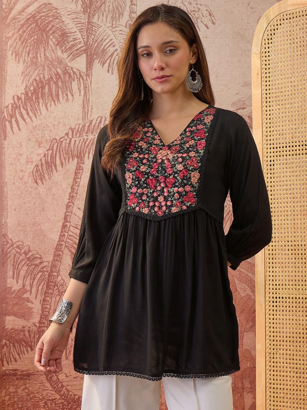 Sangria Floral Embroidered V-Neck Sequinned Kurti