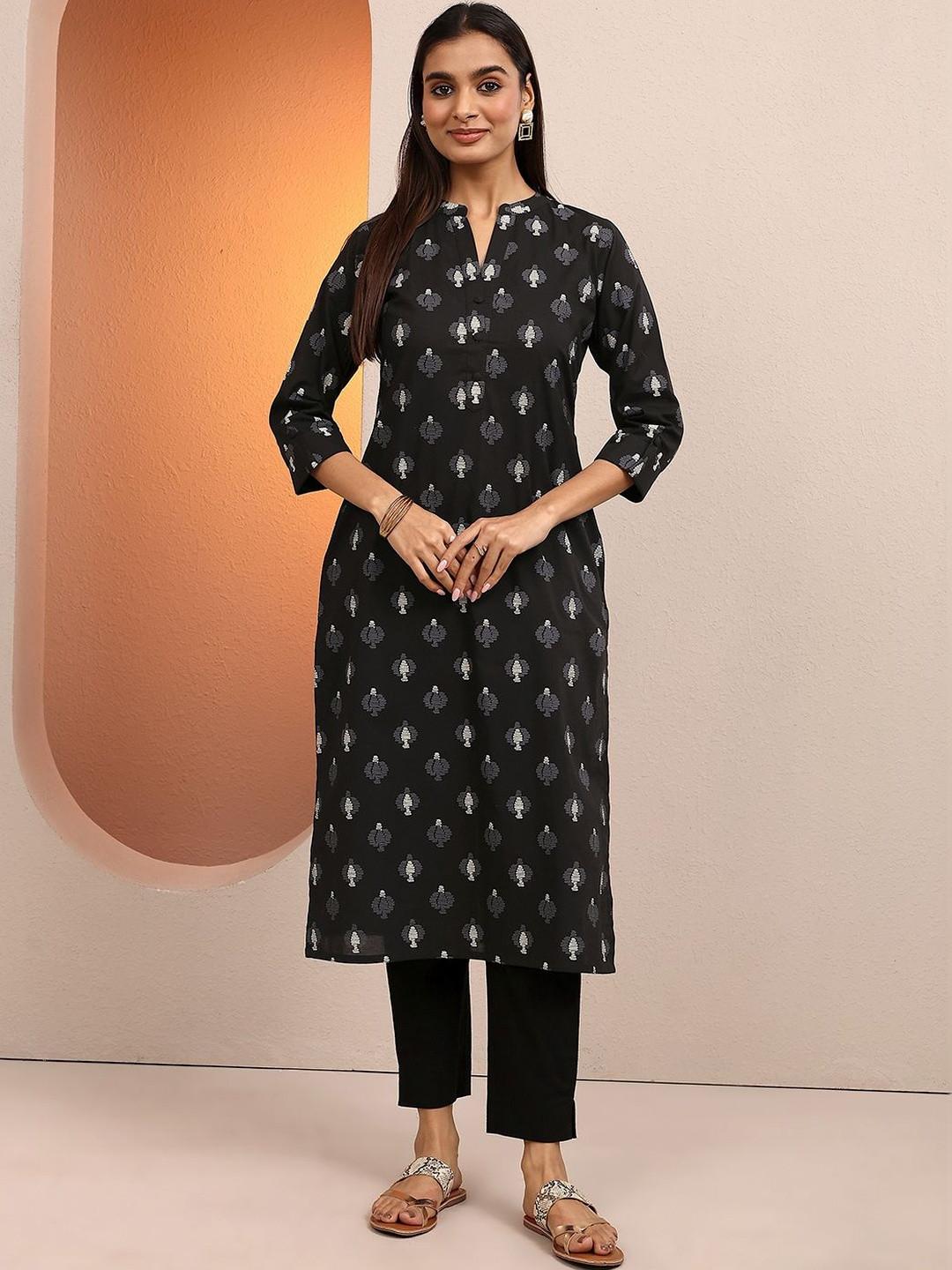 Libas Women Black Printed Cotton Straight Kurta