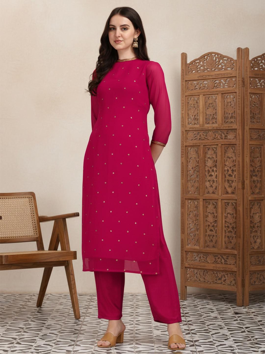 KALINI Ethnic Motifs Embellished Straight Sequinned Kurta with Trousers