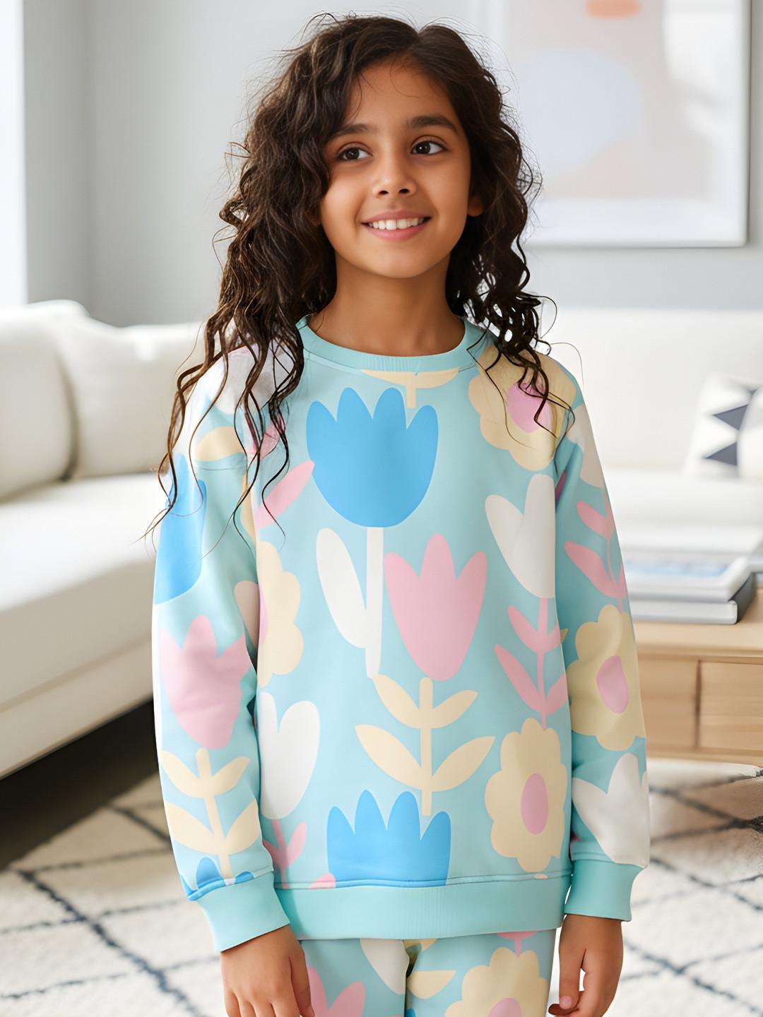 Anthrilo Girls Aqua Printed Long Sleeves Fleece Sweatshirt