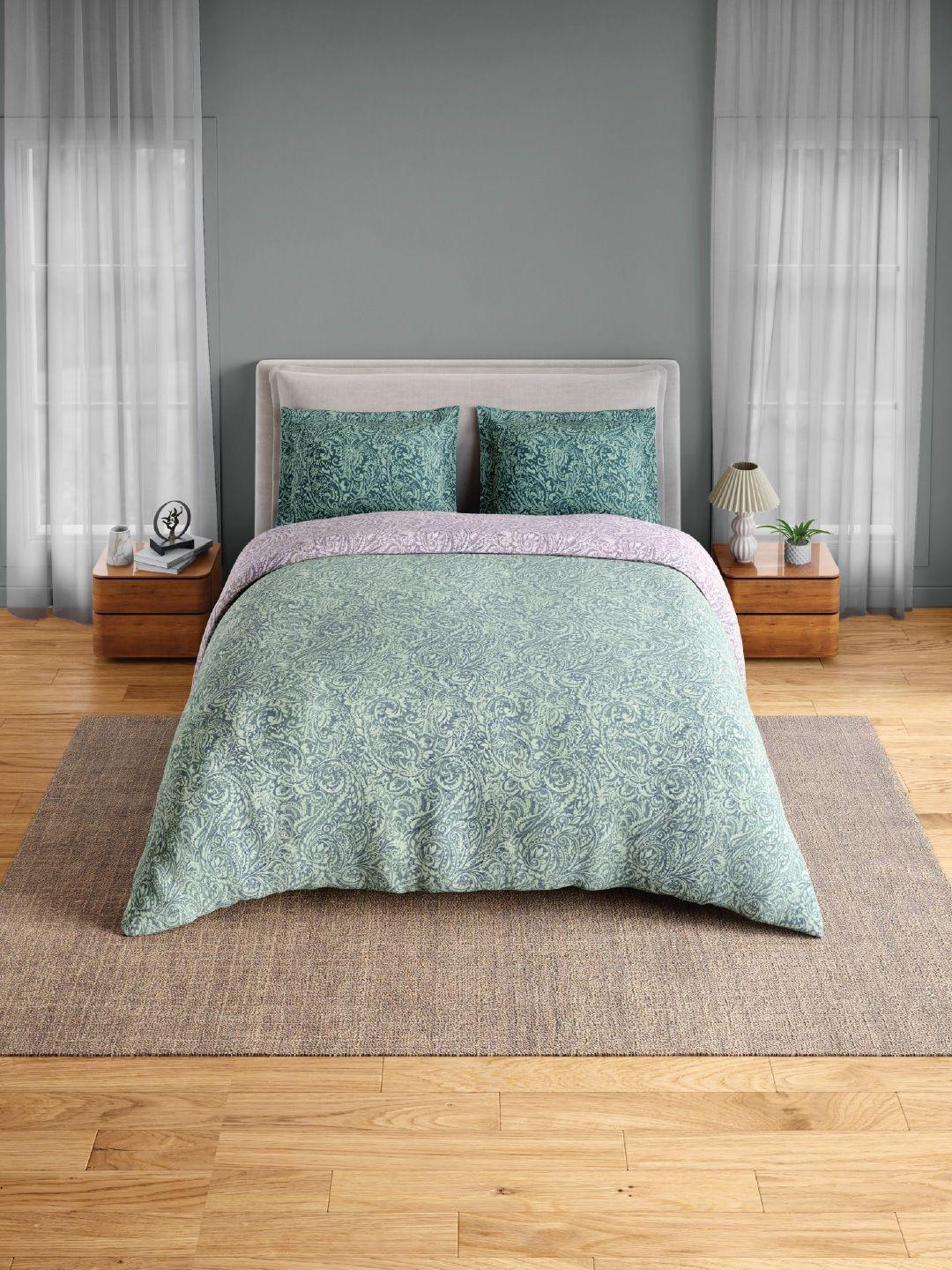 SPACES Green Floral 144 TC King Bedsheet with 2 Pillow Covers