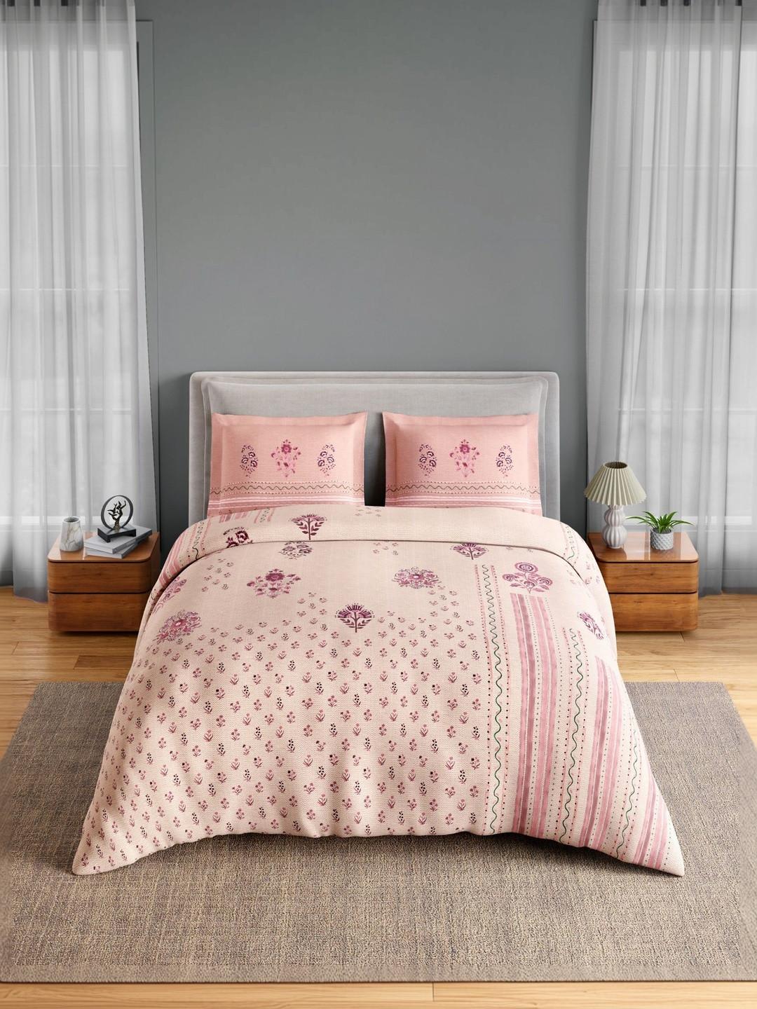 SPACES Peach-Coloured Floral 152 TC Bedsheet with 2 Pillow Covers