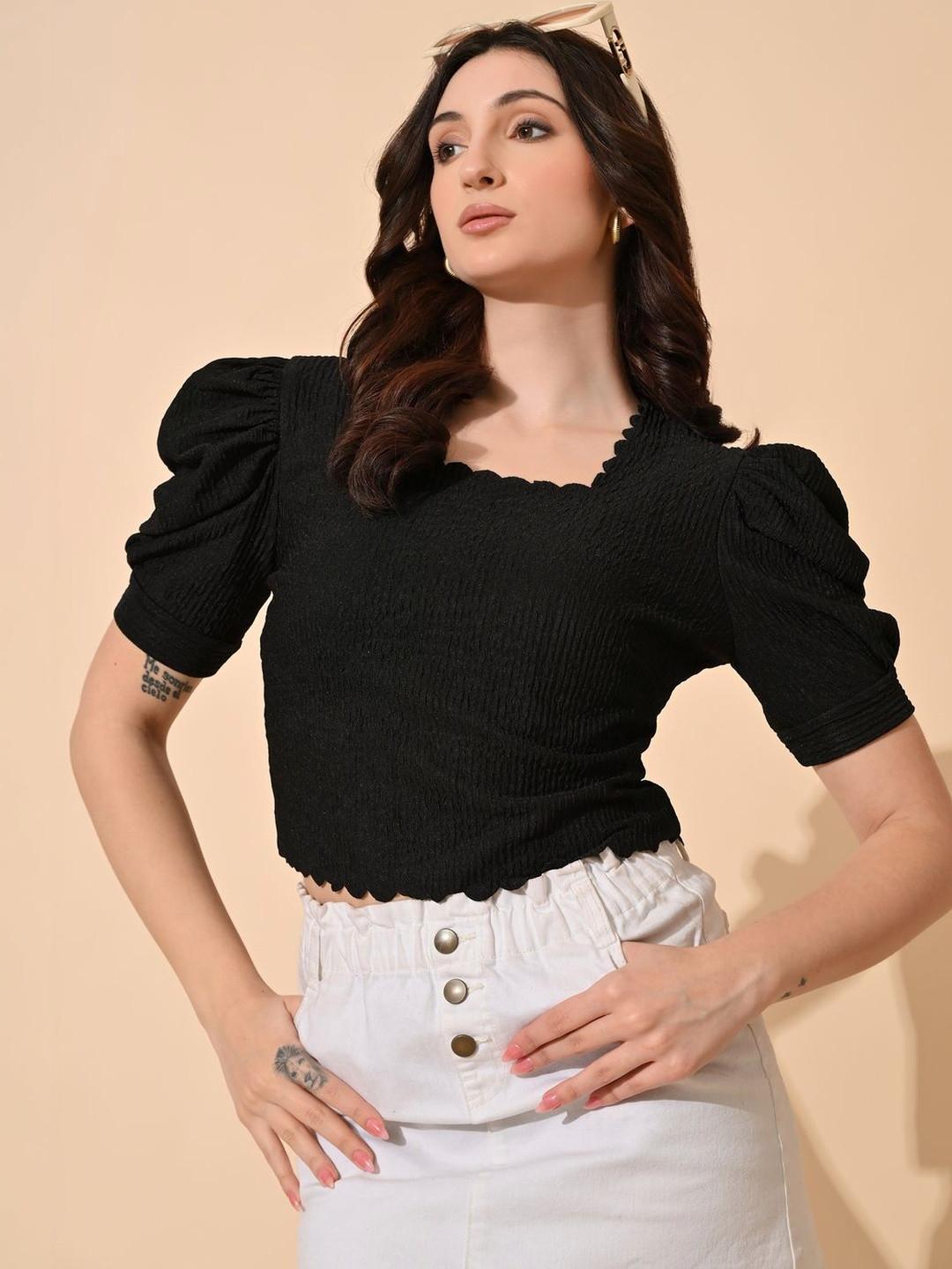 Brainbees Puff Sleeve Ruffles Net Crop Top