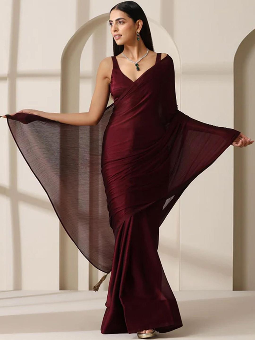 Peachmode Women's Maroon Solid Silk Blend Saree with Unstitched Blouse Piece
