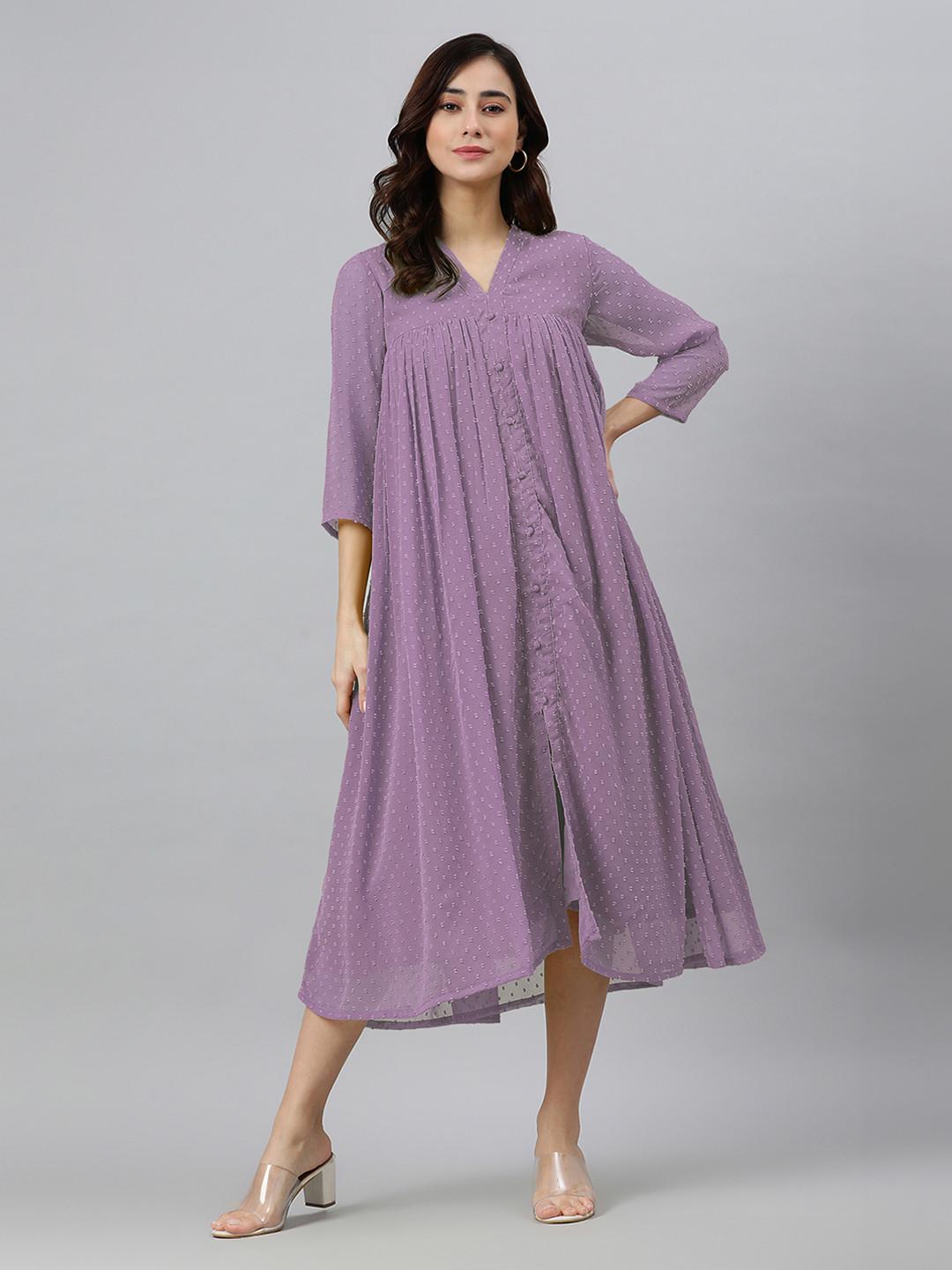 Janasya Women Lavender Dobby Chiffon Self Design Flared Kurta