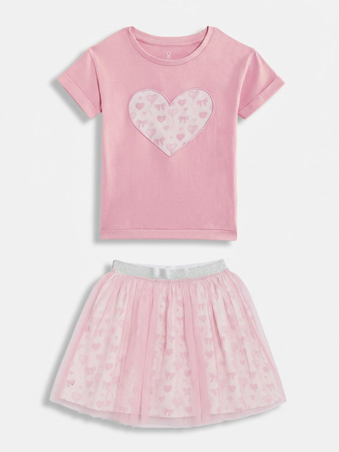 mothercare Girls Conversational Printed Pure Cotton Top with Flared Mini Skirt
