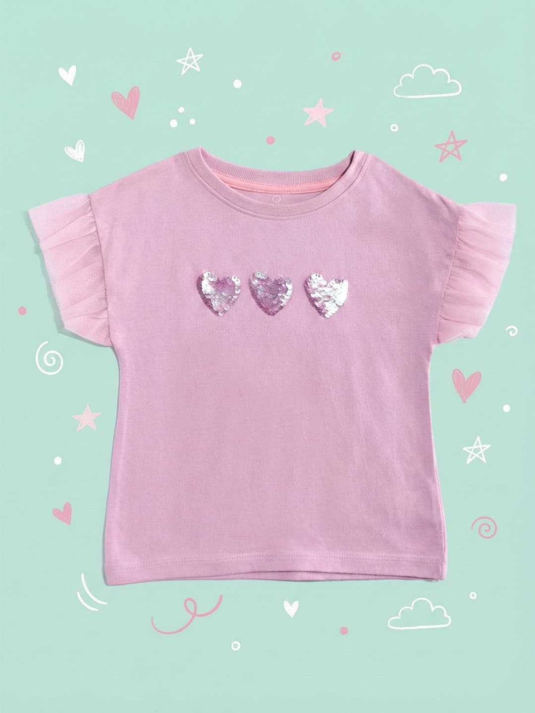 mothercare Girls Net Conversational Embellished Puff Sleeves Pure Cotton Regular Top