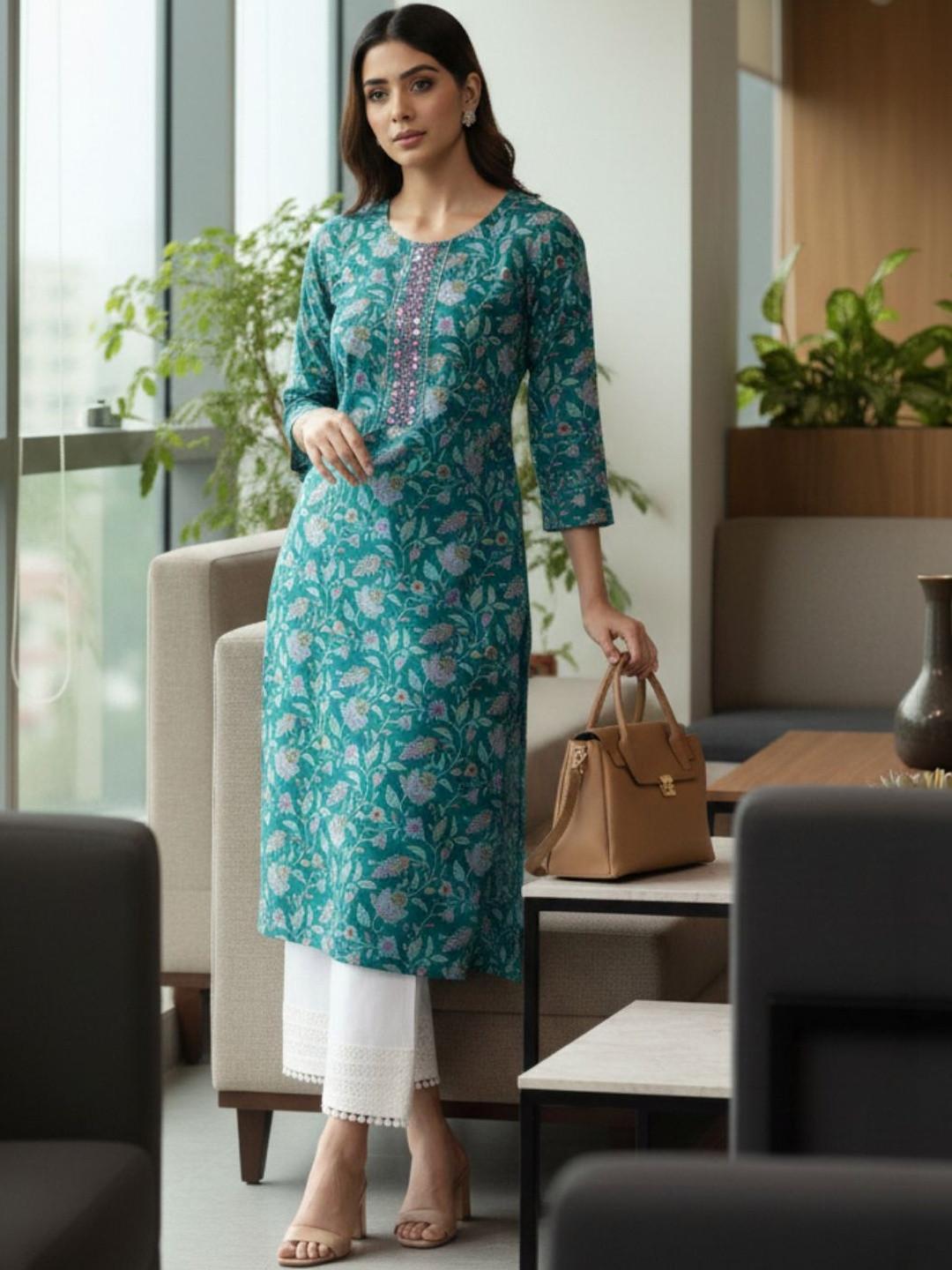Varanga Women Floral Printed Mirror Work Floral Kurta
