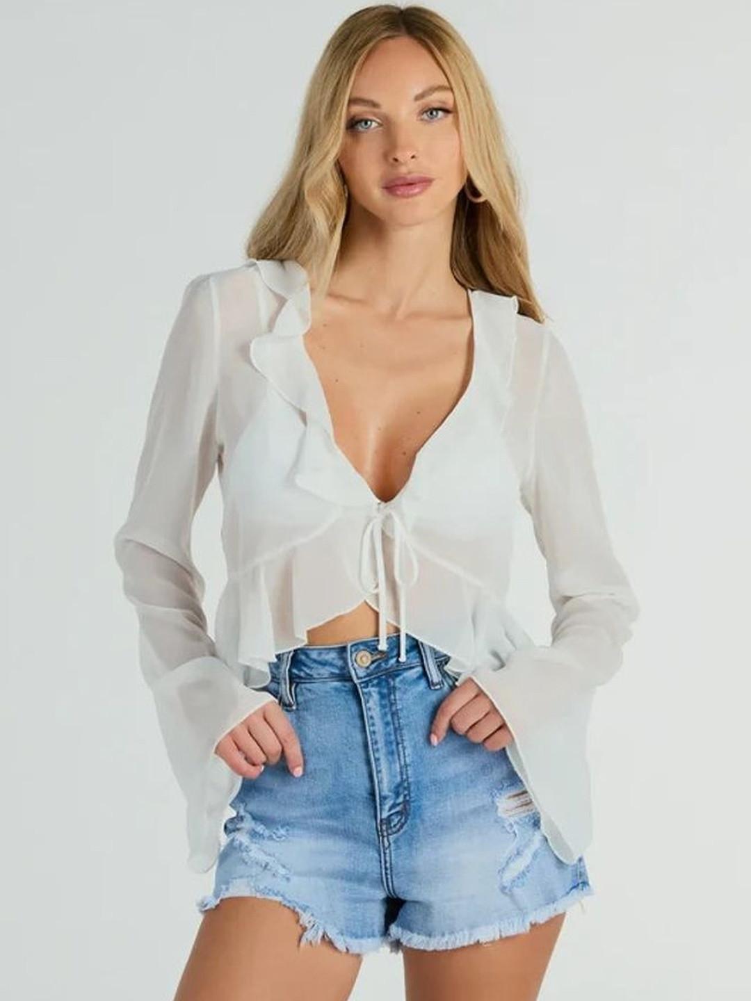 LEXREX Bell Sleeve Ruffles Georgette Crop Top