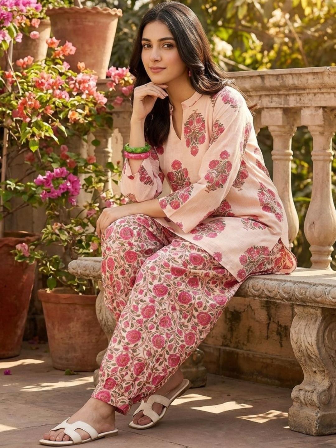 Youthnic Women'Linen Floral Print Summer Wear Straight Short Kurti With farshi Salwar Set