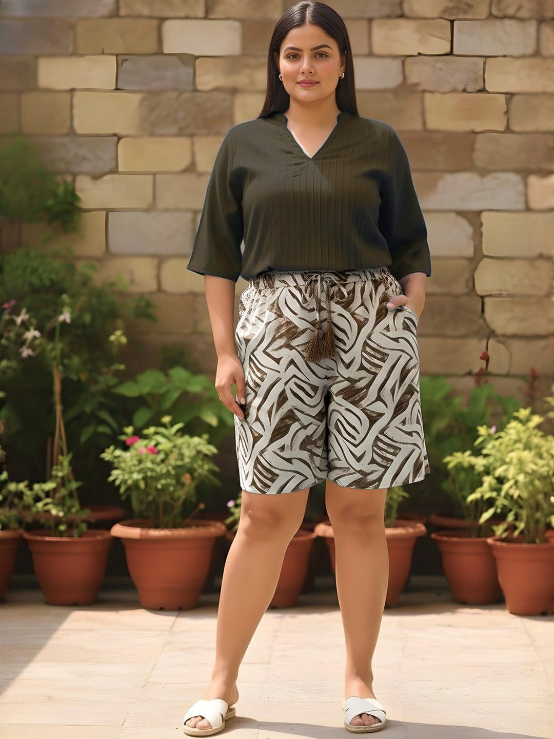 Indietoga Women Plus Size Abstract Printed High-Rise Lounge Shorts