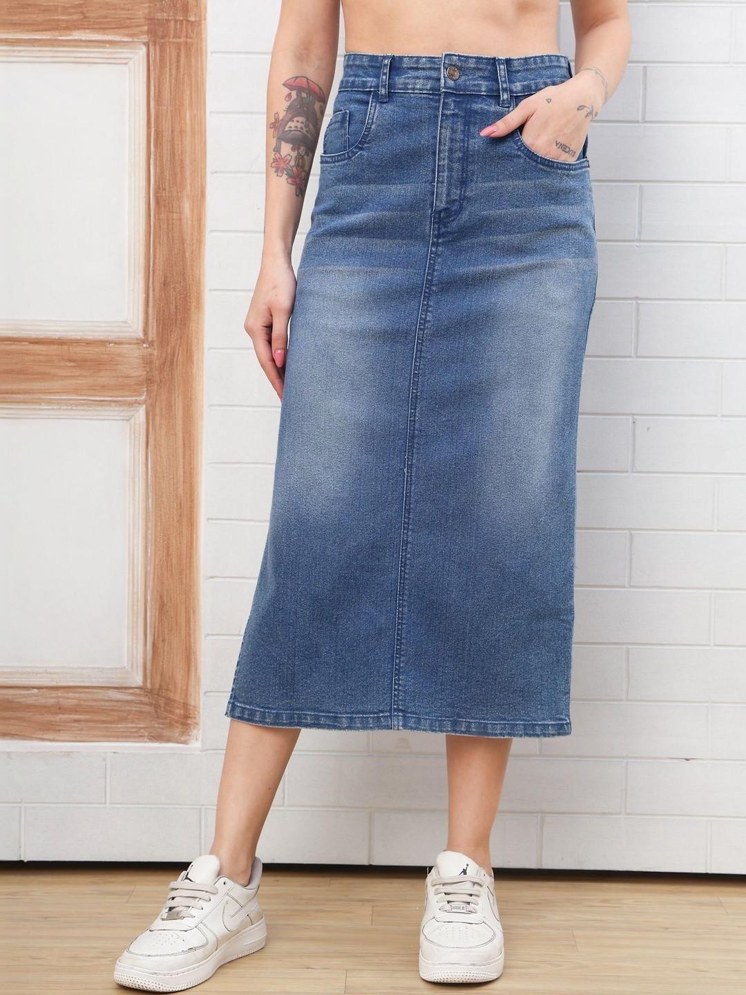 DOZER Women Denim Blend Side Slit Midi Straight Skirt
