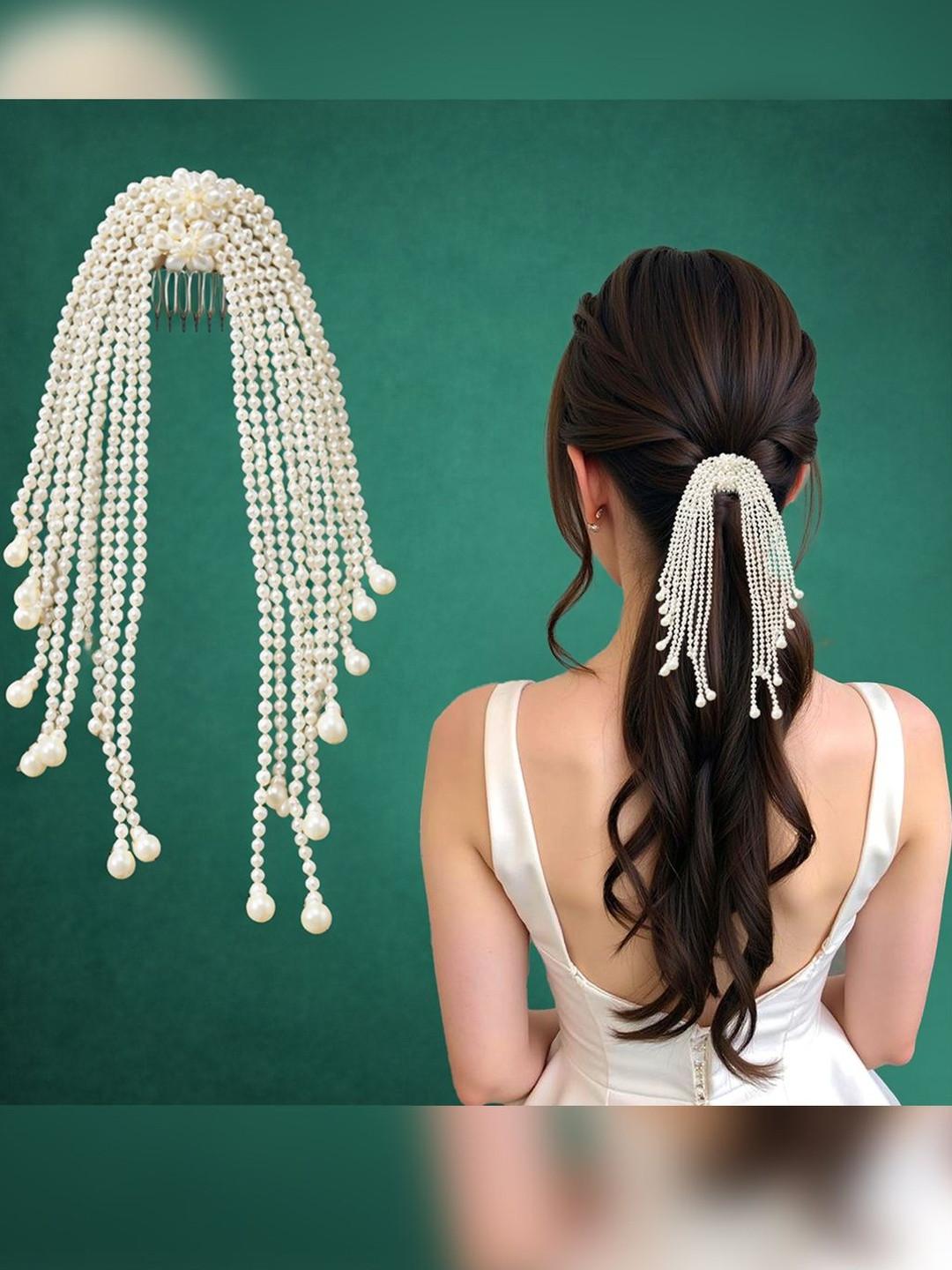 LYKAA White Pearl Hair Comb Clip with Beaded Tassels