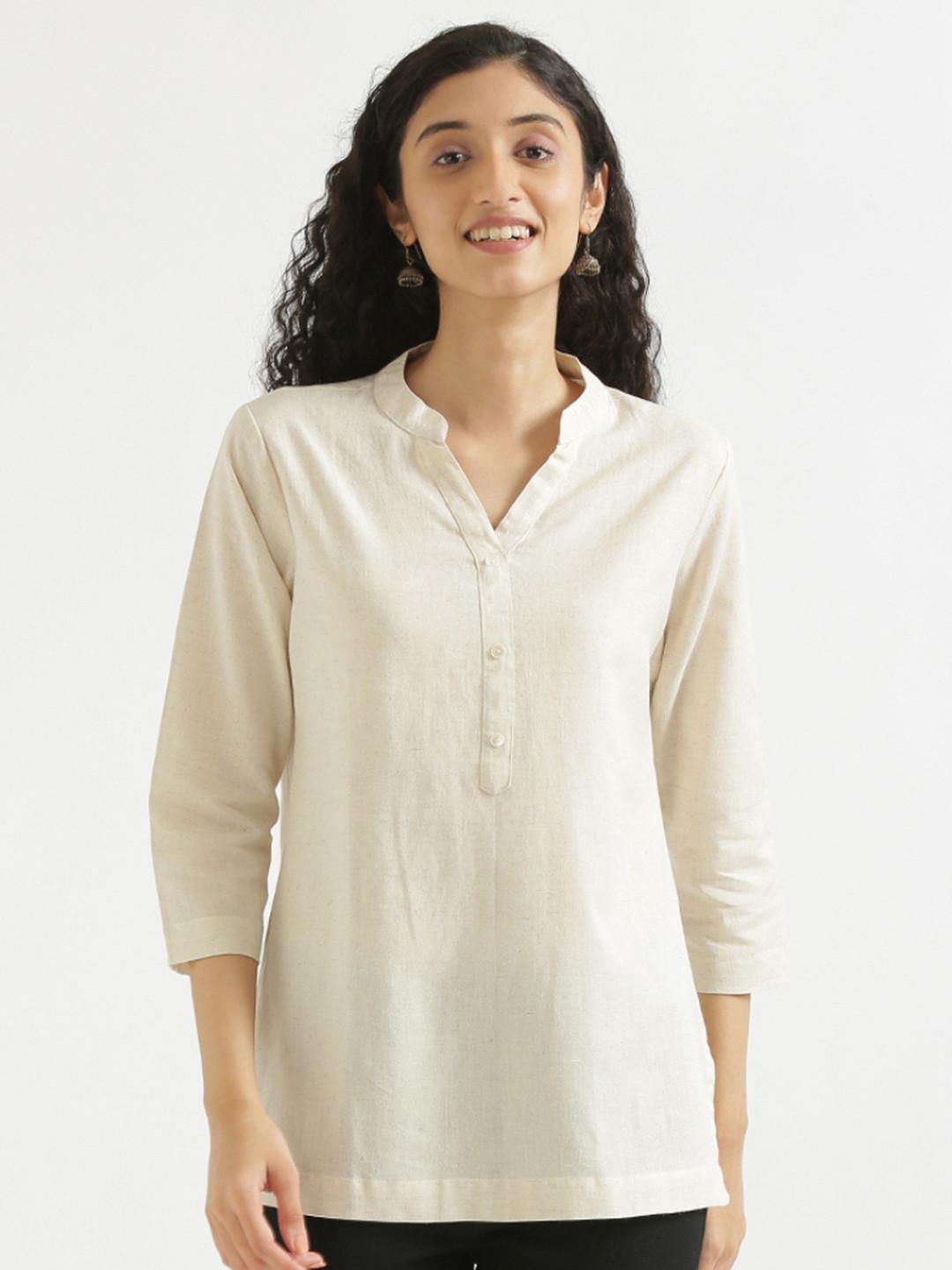 SAADAA Mandarin Collar Cotton Linen Straight Kurti