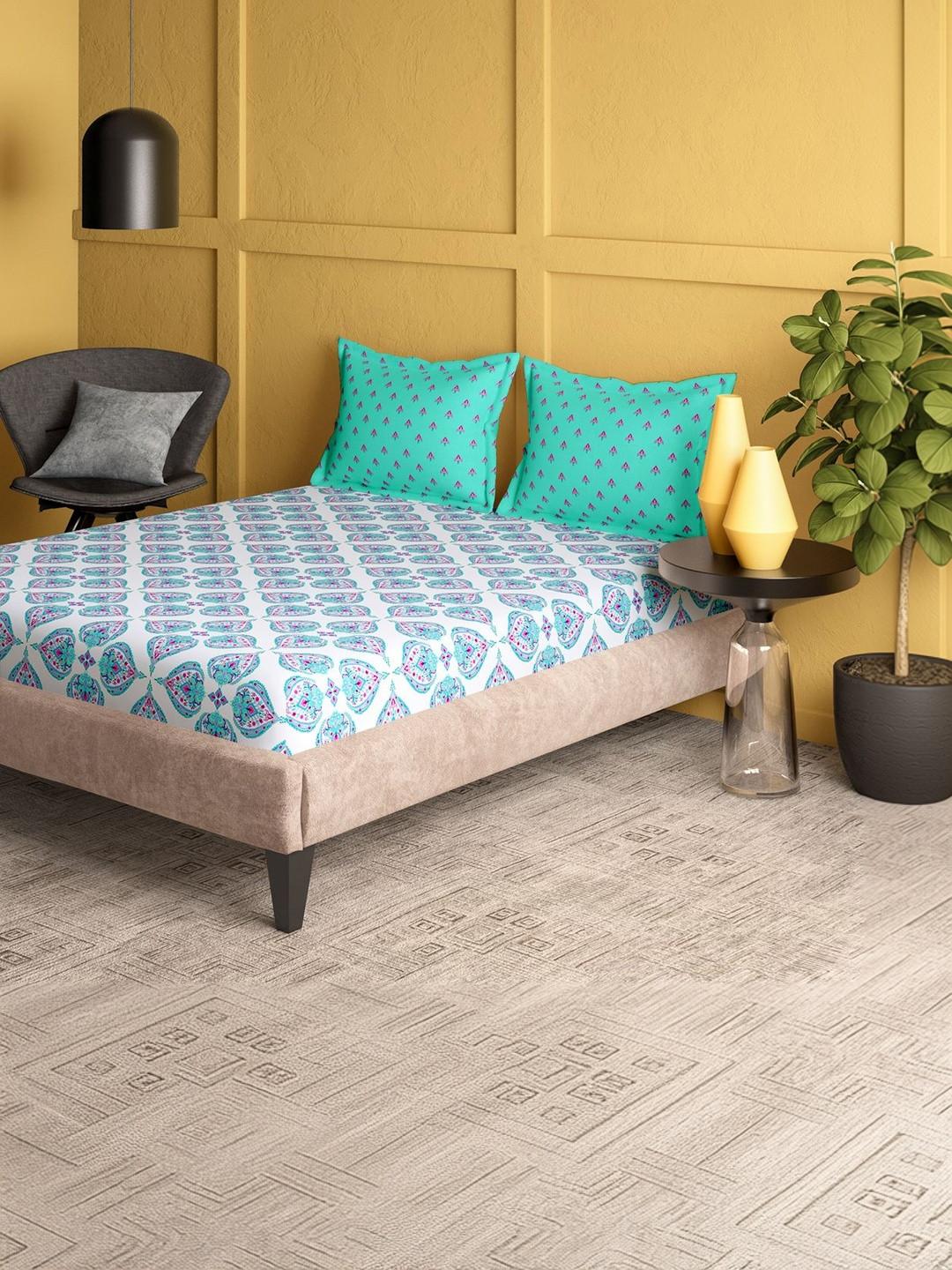 Portico White Ethnic Motifs 144 TC Bedsheet with 2 Pillow Covers