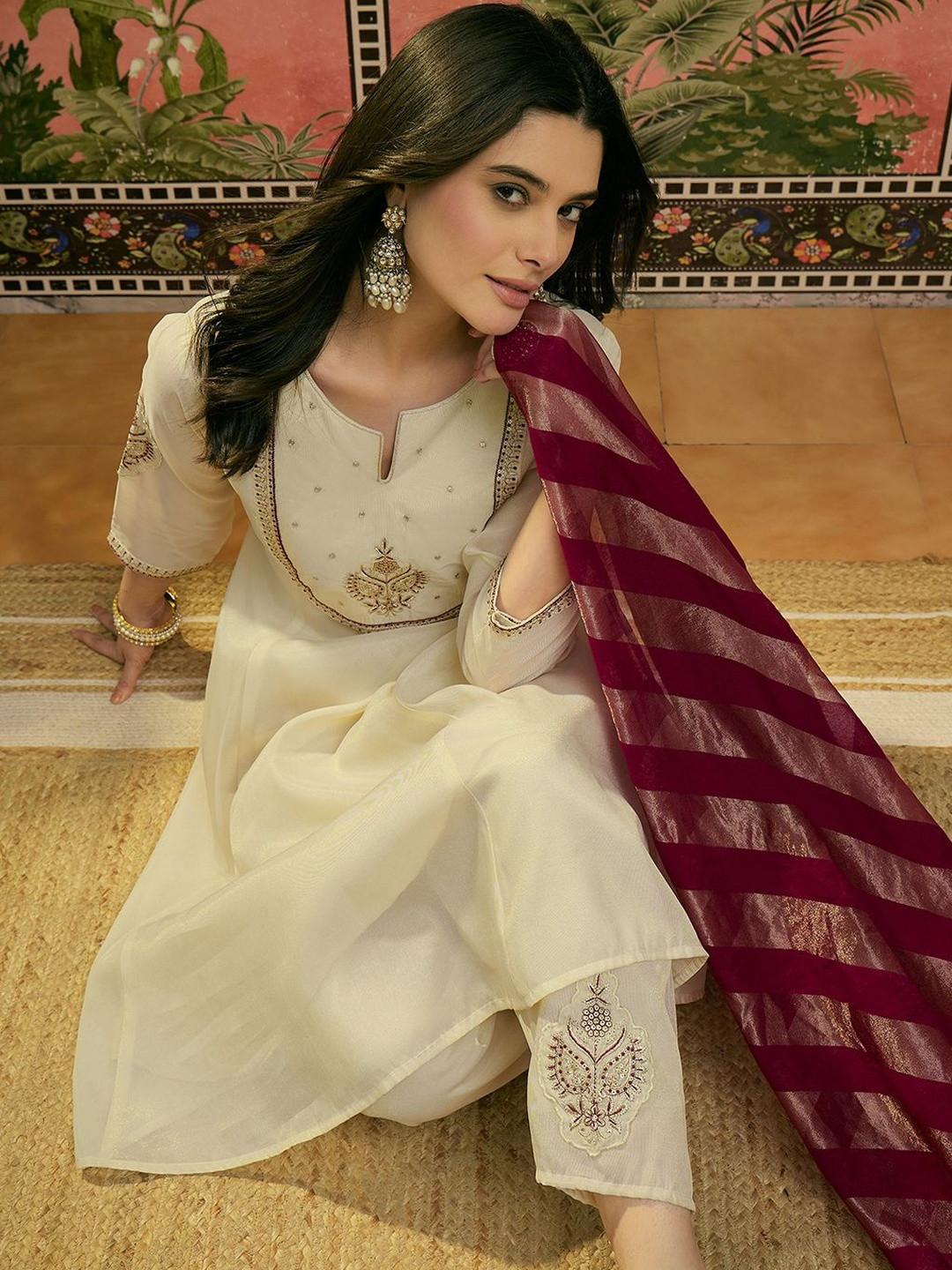 Sangria Embroidered Round Neck Kurta & Patiala With Dupatta