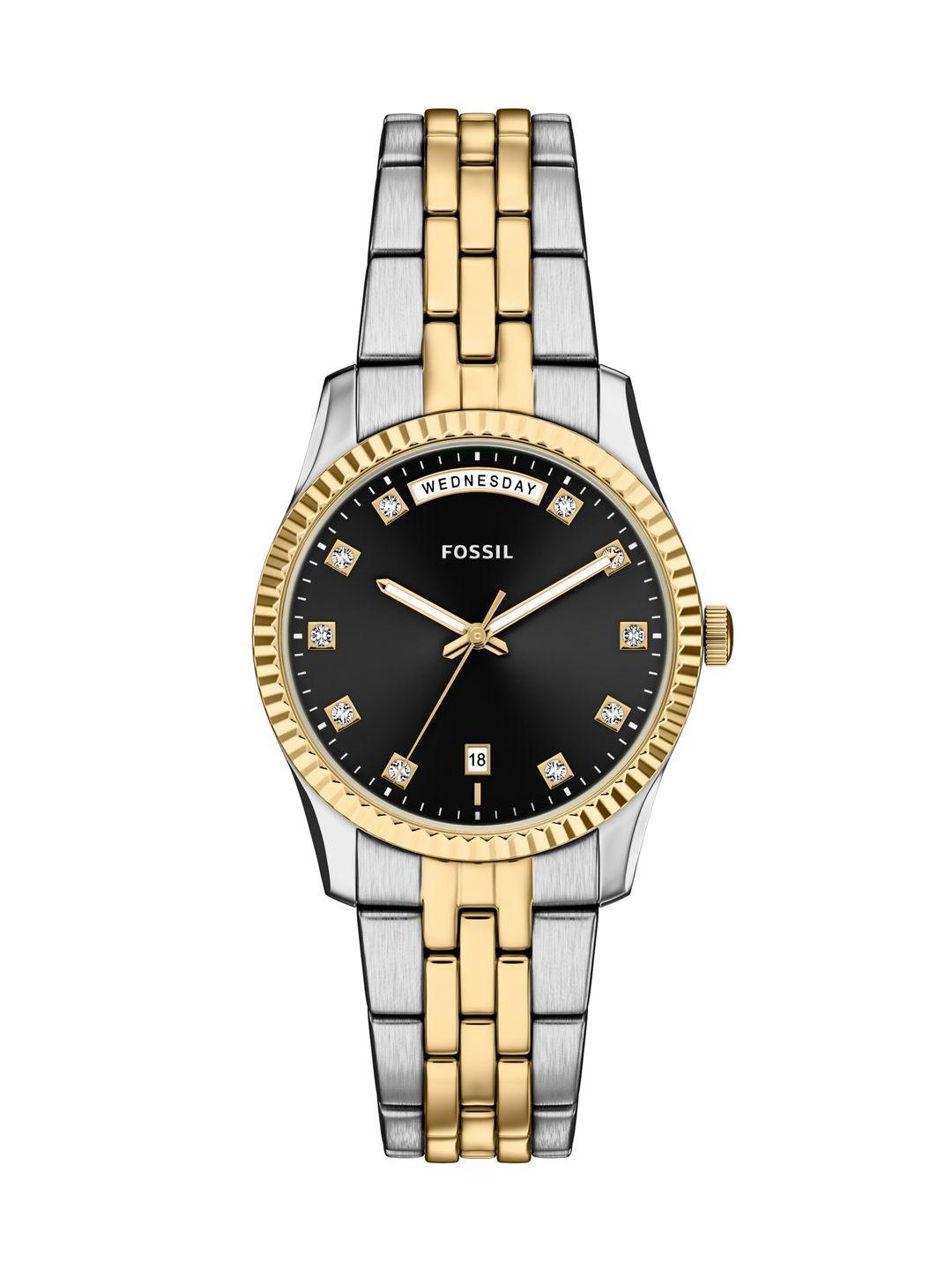 Fossil Women Embellished Dial & Stainless Steel Bracelet Style Straps Analogue Date Aperture Watch ES5458