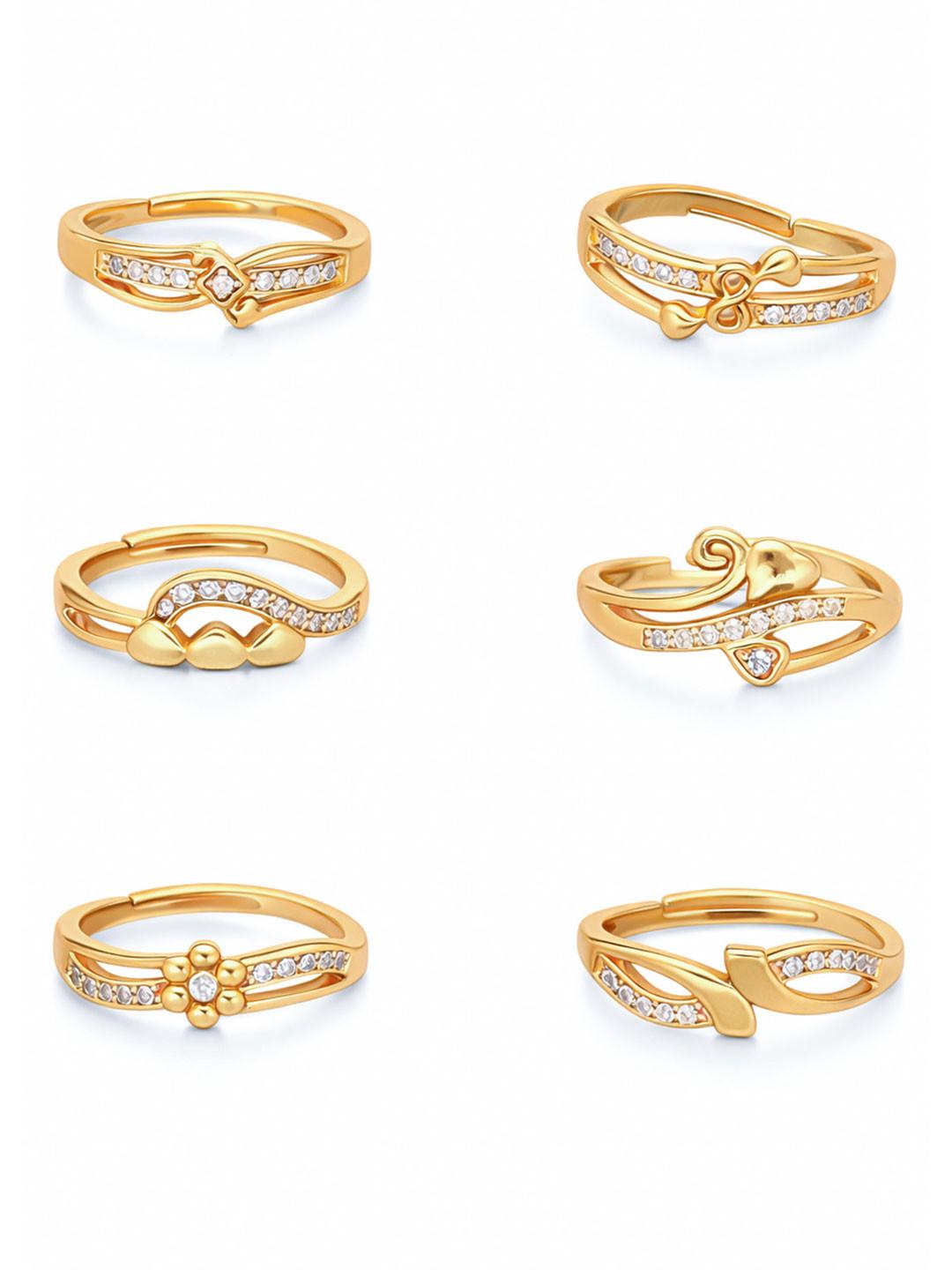 Sangria Set Of 6 Gold-Plated American Diamond Studded Geometric Finger Rings
