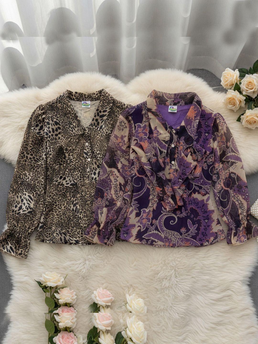 Cutiekins Animal Print Tie-Up Neck Ruffles Top