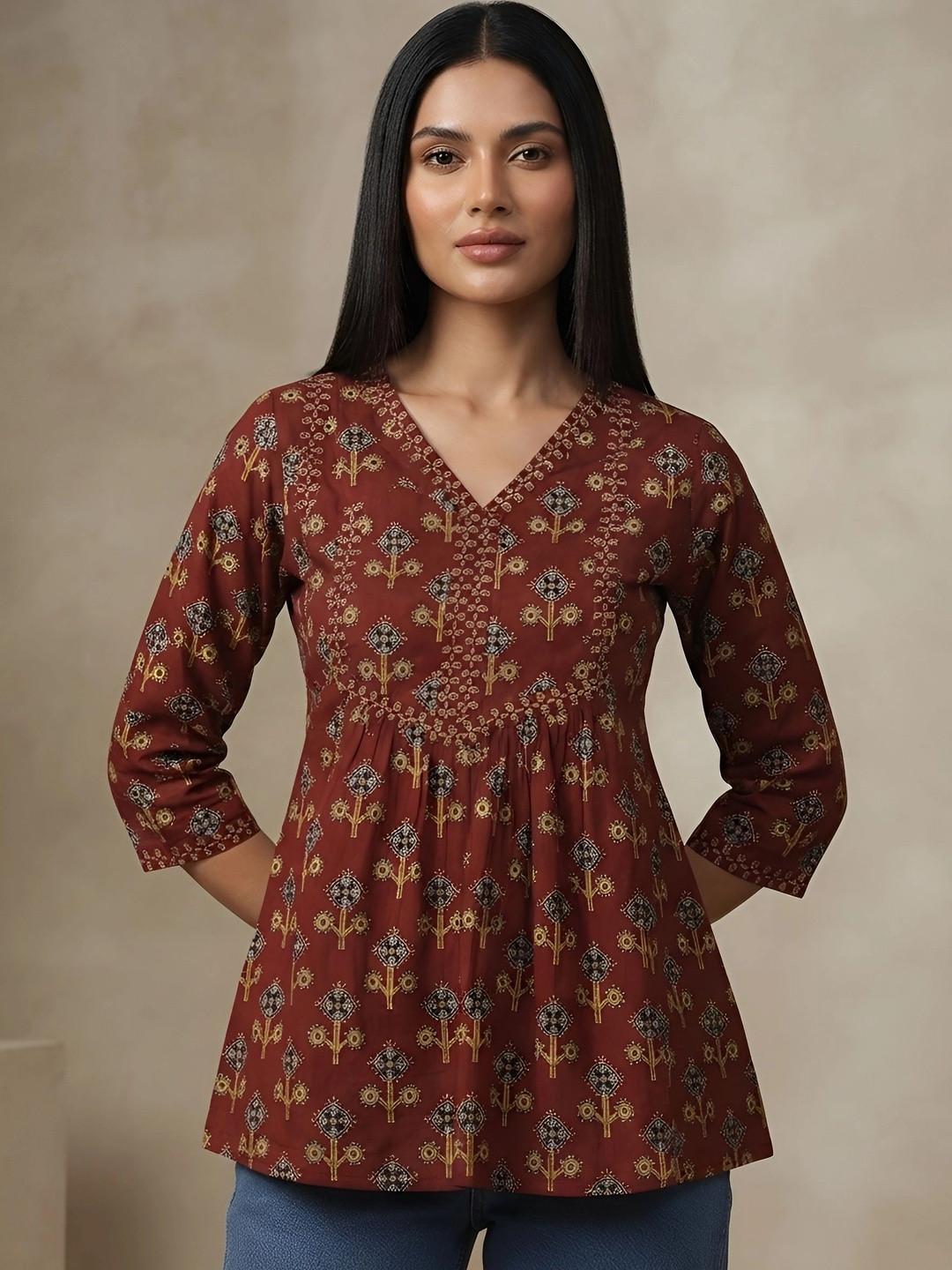 Nayo Ethnic Motifs Printed V-Neck Pure Cotton Blend Empire Kurti