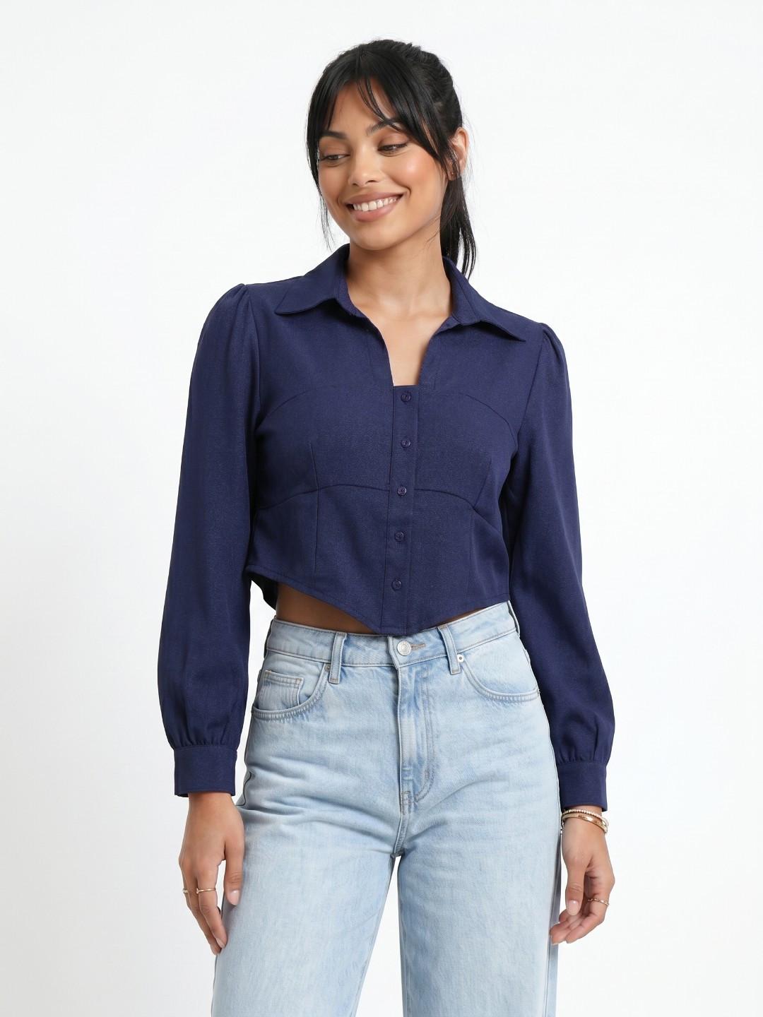 glitchez Shirt Style Slim Fit Crop Top