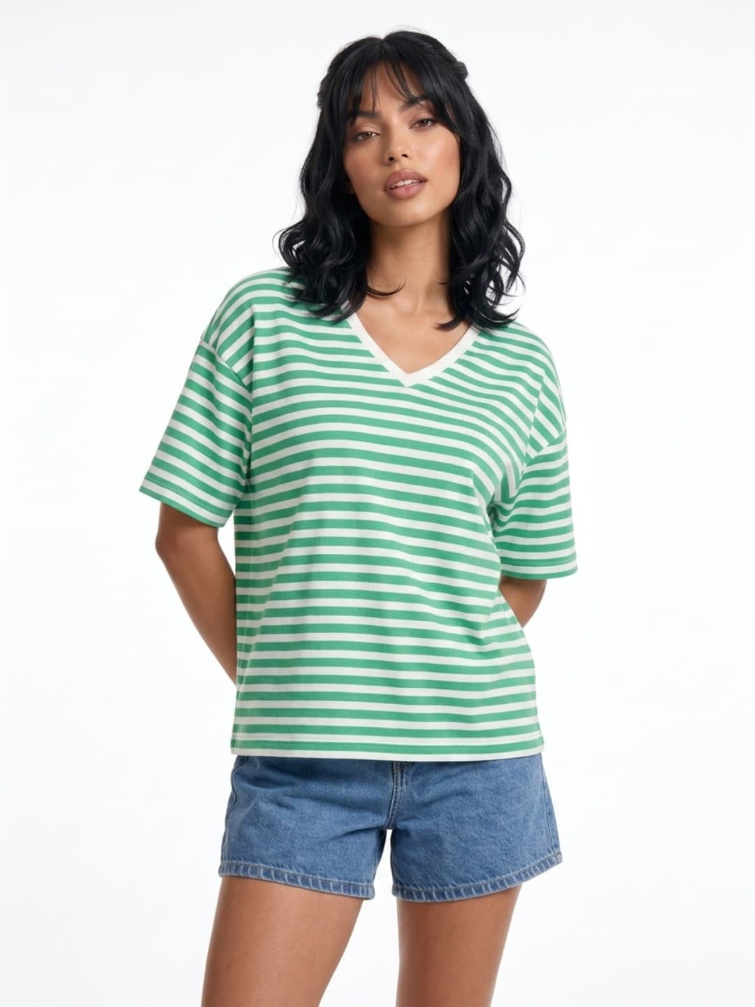 glitchez Striped V-Neck Drop-Shoulder Sleeves Oversized T-shirt
