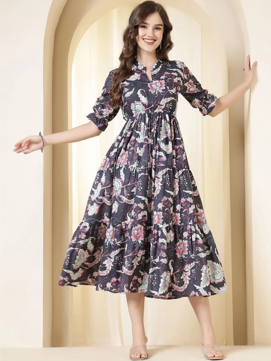 Sangria Printed Mandarin Collar A-Line Ethnic Dresses