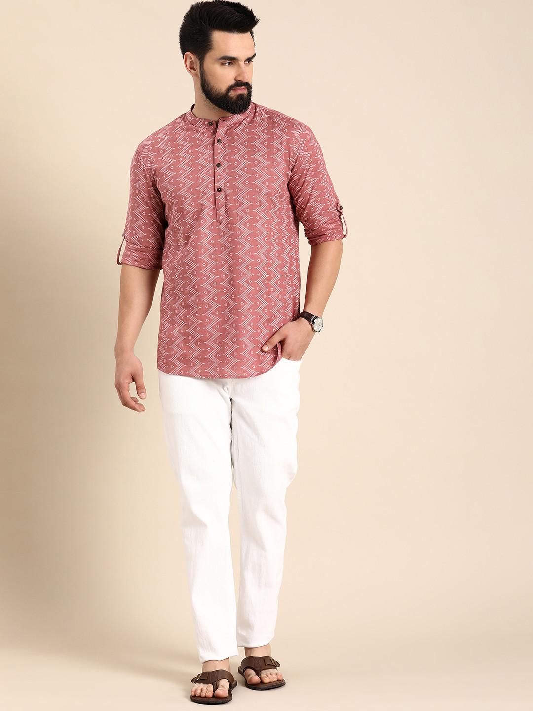Anouk Men Pink Geometric Printed Mandarin Collar Straight Cotton Short Kurta