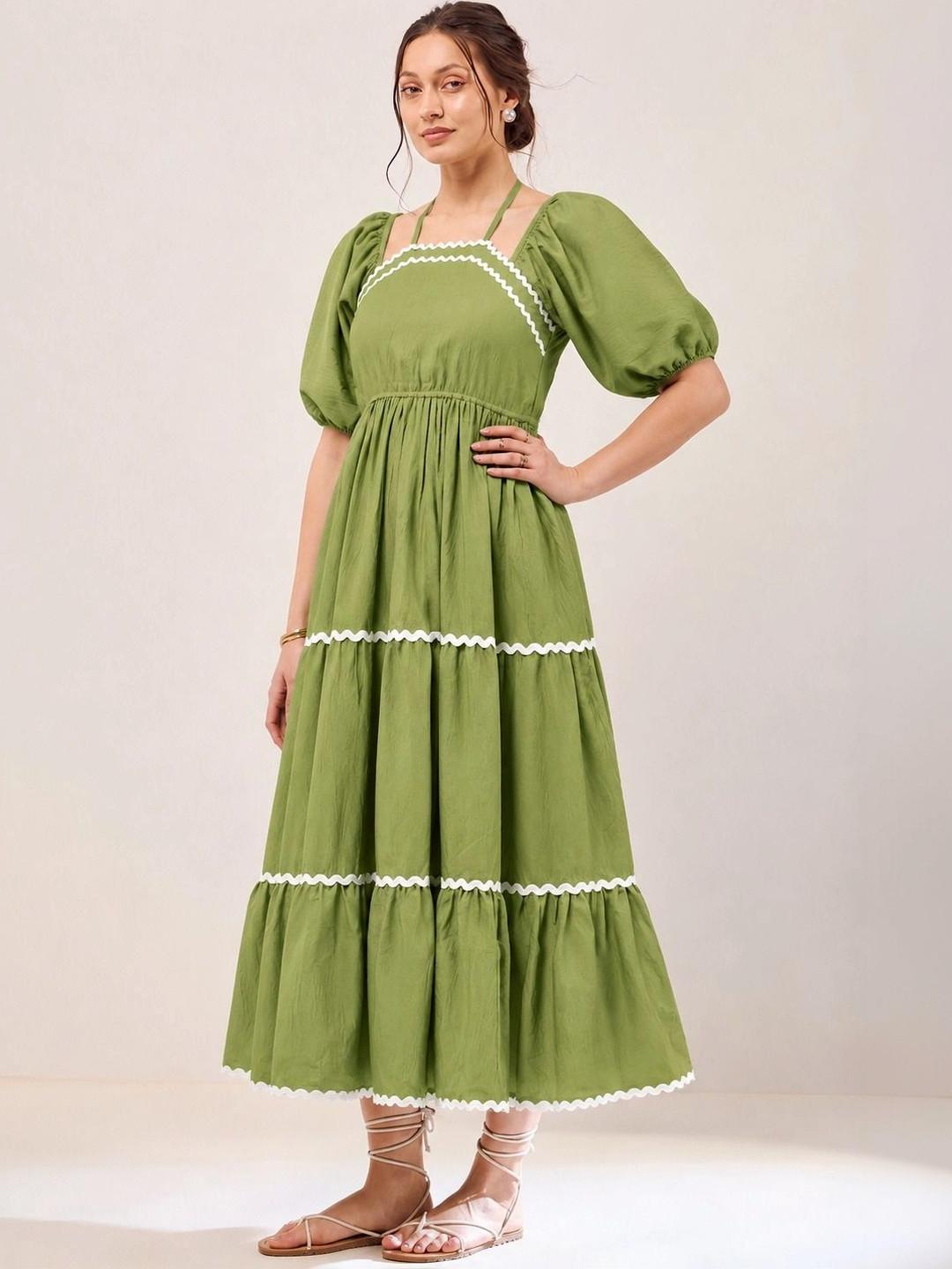 PTVIZE Puff Sleeve Ruffled A-Line Maxi Dress