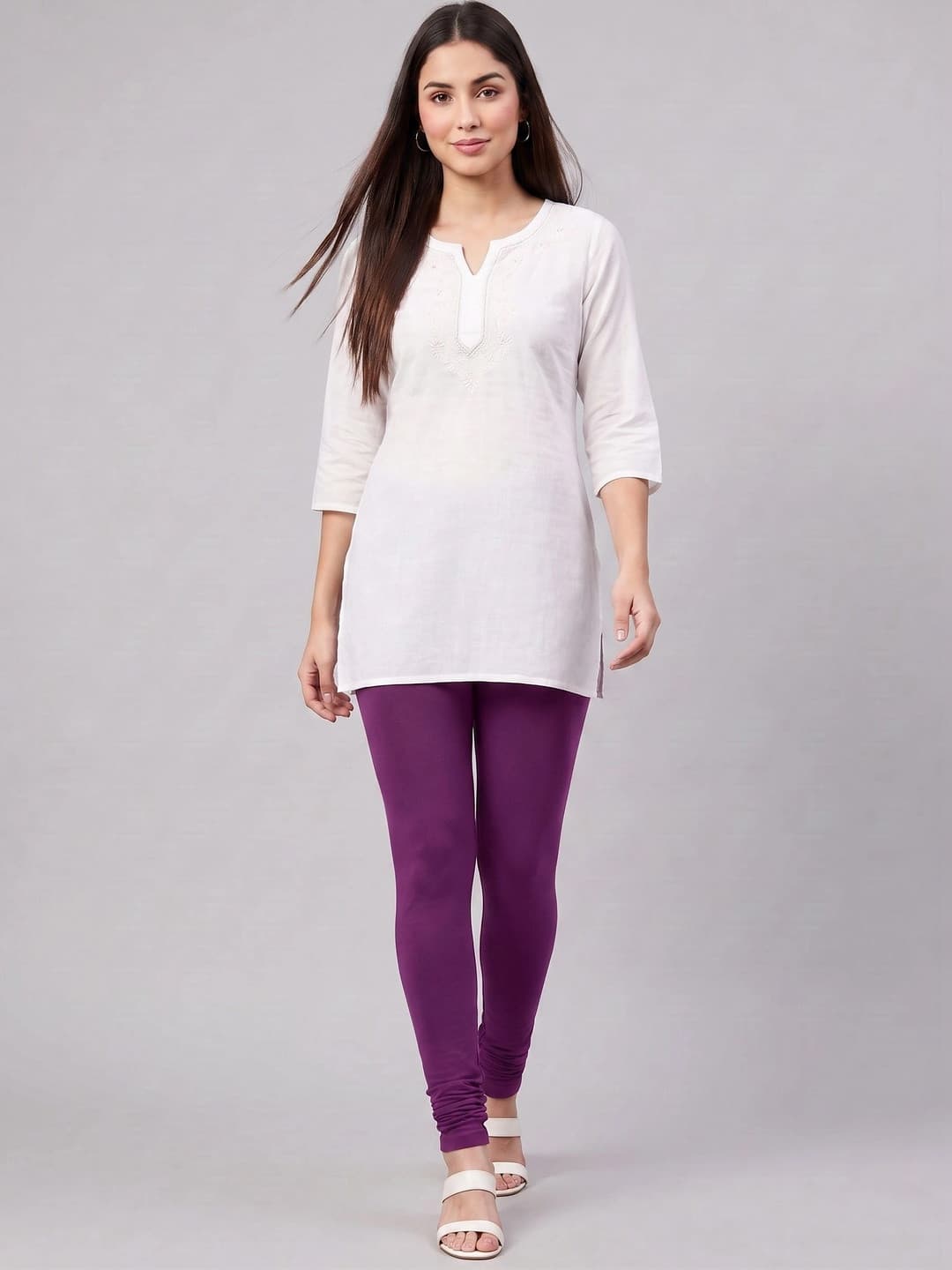 EMI Women Plum Solid Churidar Length Leggings