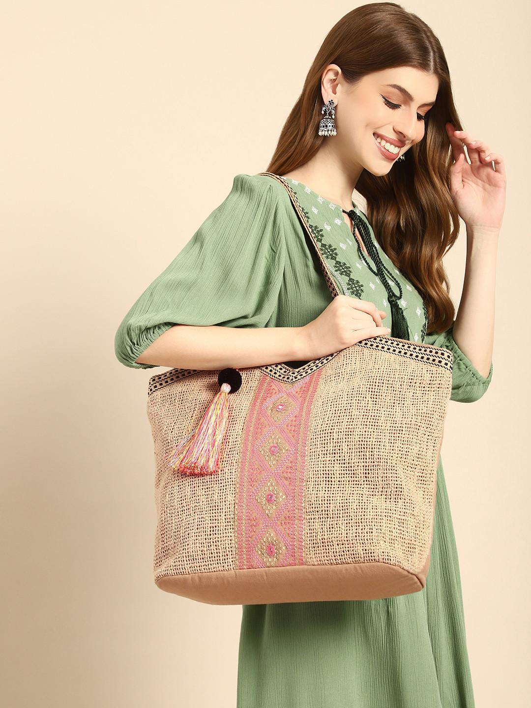 Anouk Geometric Textured Shopper Tote Bag with Tasselled