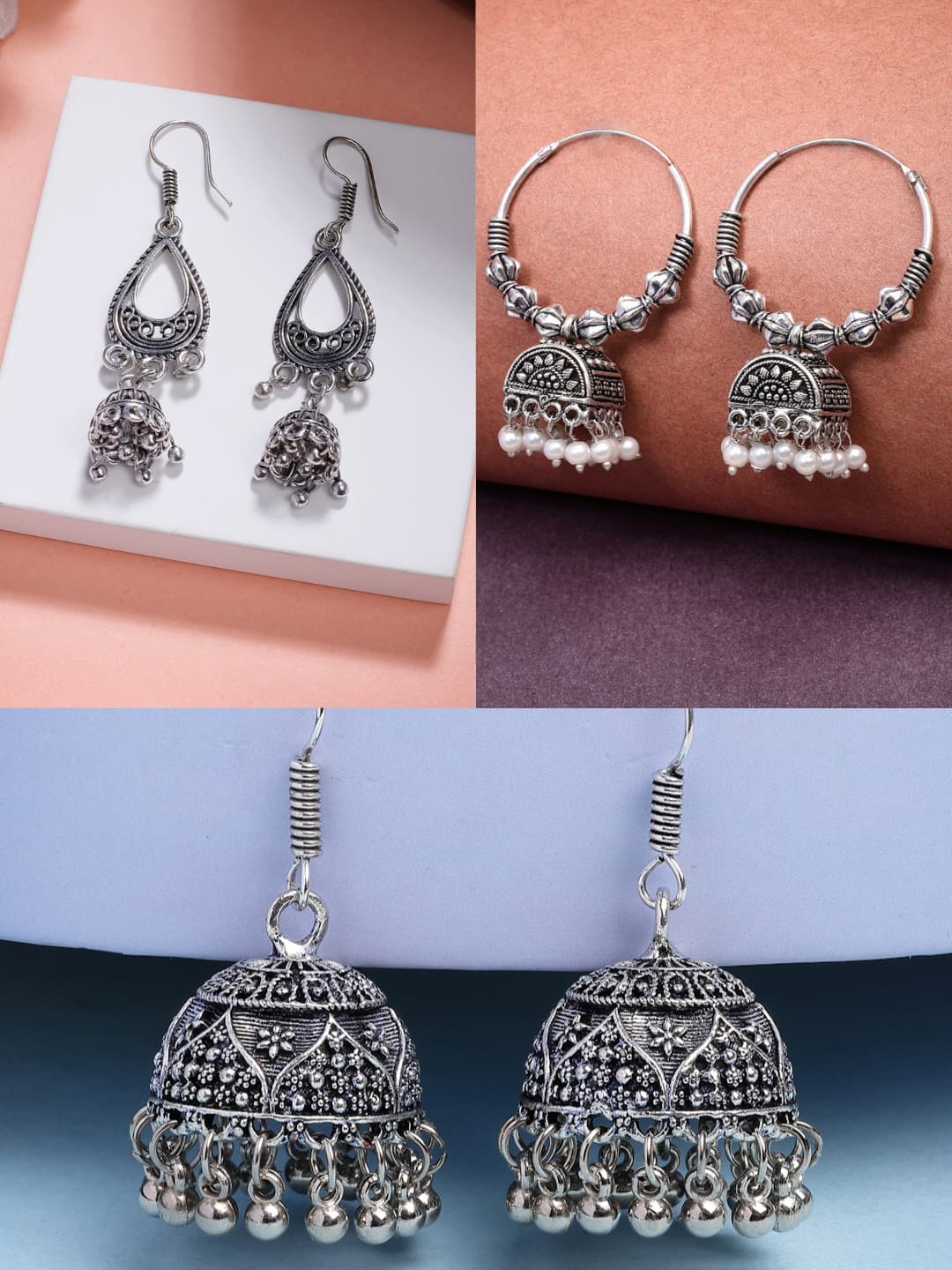 Anouk Women Set of 3 German Silver Oxidized Traditional Jhumka Earrings