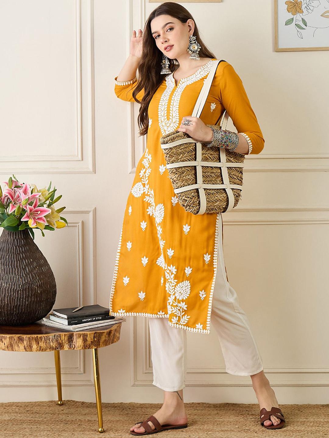 Anouk Notch Neck Floral Embroidered Thread Work Straight Kurta