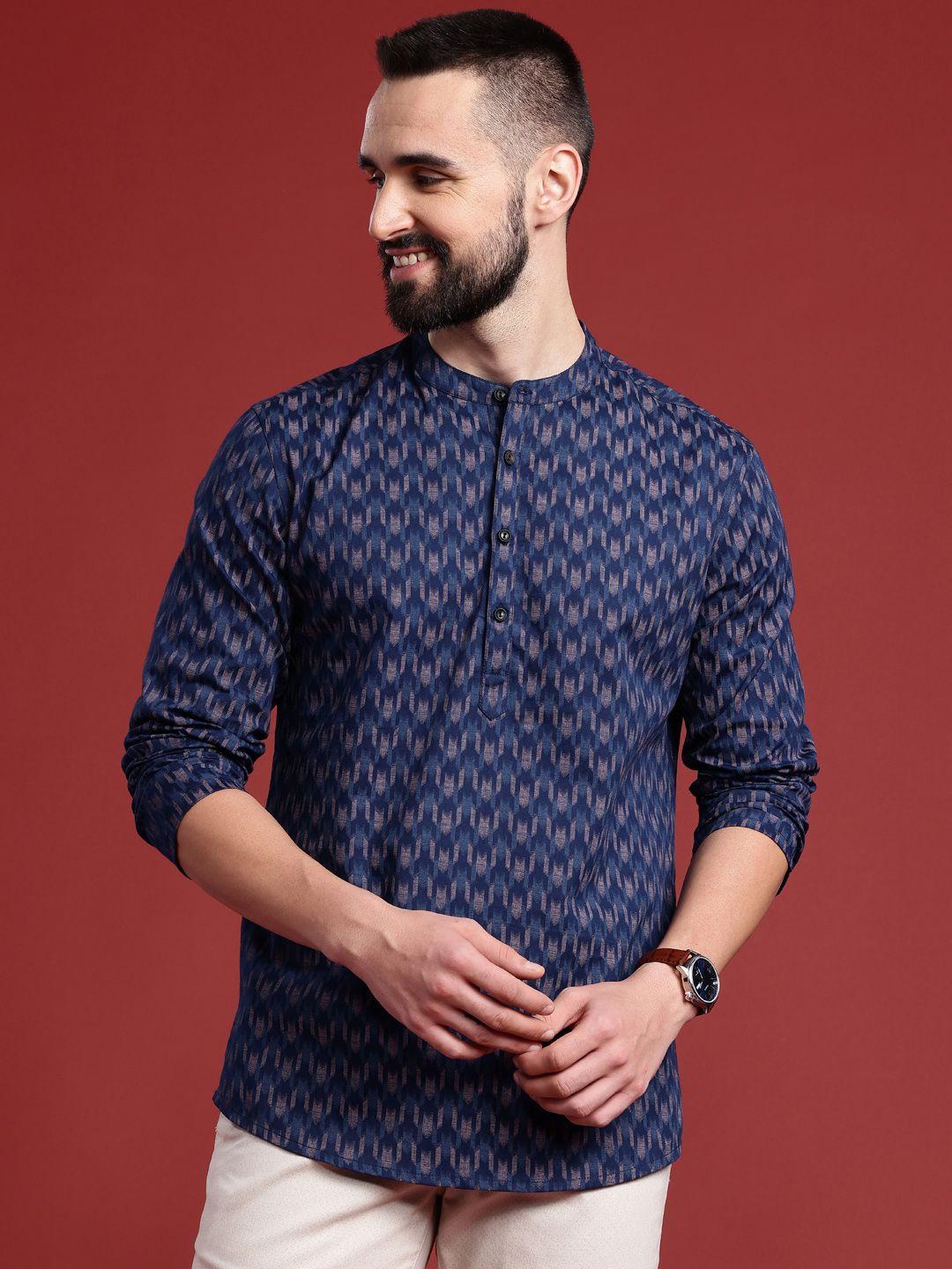 Anouk Men Navy Blue printed Mandarin Collar Cotton Straight Short Kurta