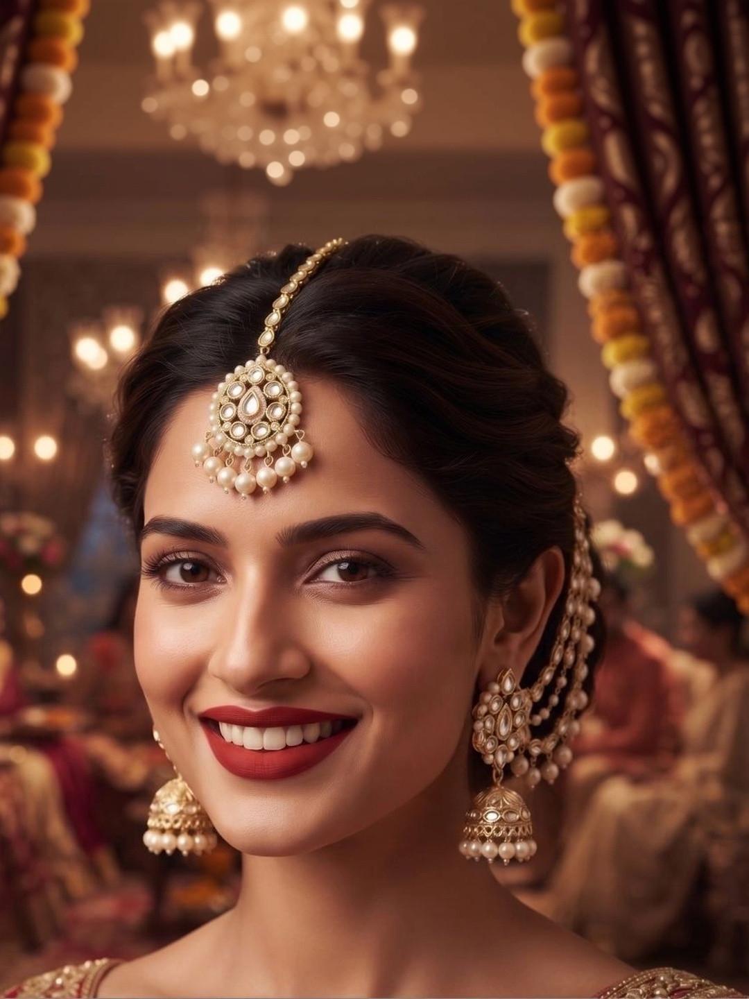 Anouk Gold-Plated Antique Stone Studded & Beaded Maang Tika and Earrings