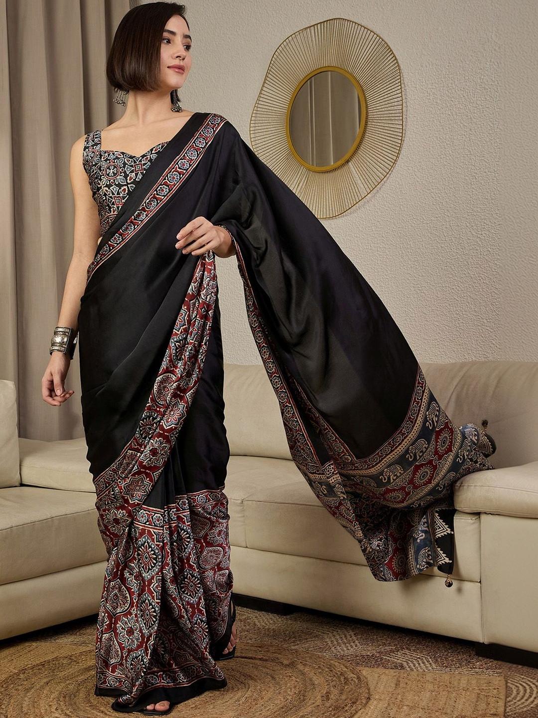 Anouk Ethnic Motifs Ajrak Pure Crepe Ready to Wear Block Print Saree