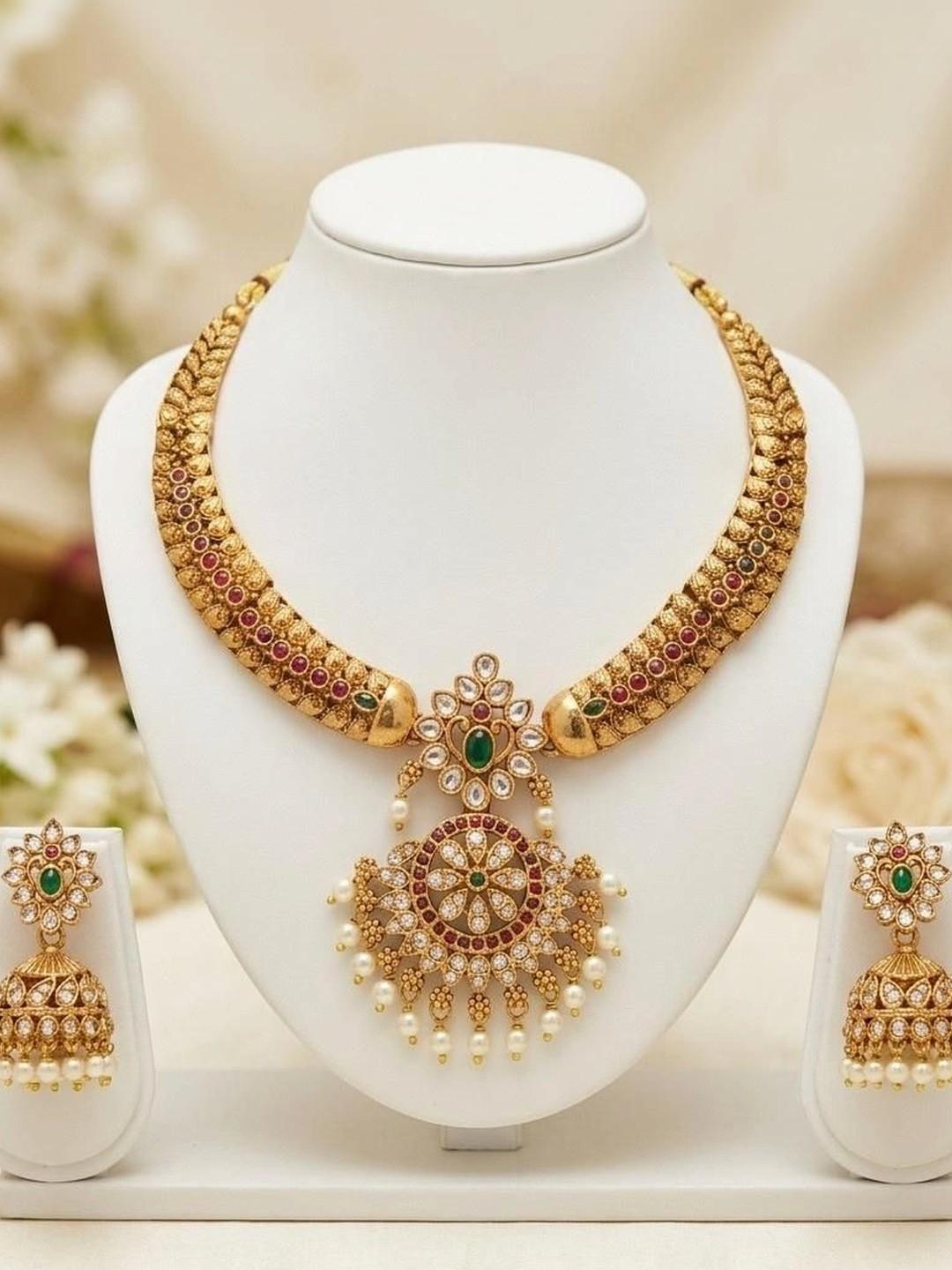 TINYTROVES Gold-Plated Antique Stone Studded & Beaded Necklace and Earrings