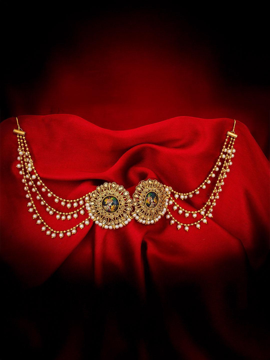 Anouk Gold Plated Kundan Studded And Pearls Beaded Circular Temple Studs With Ear Chain