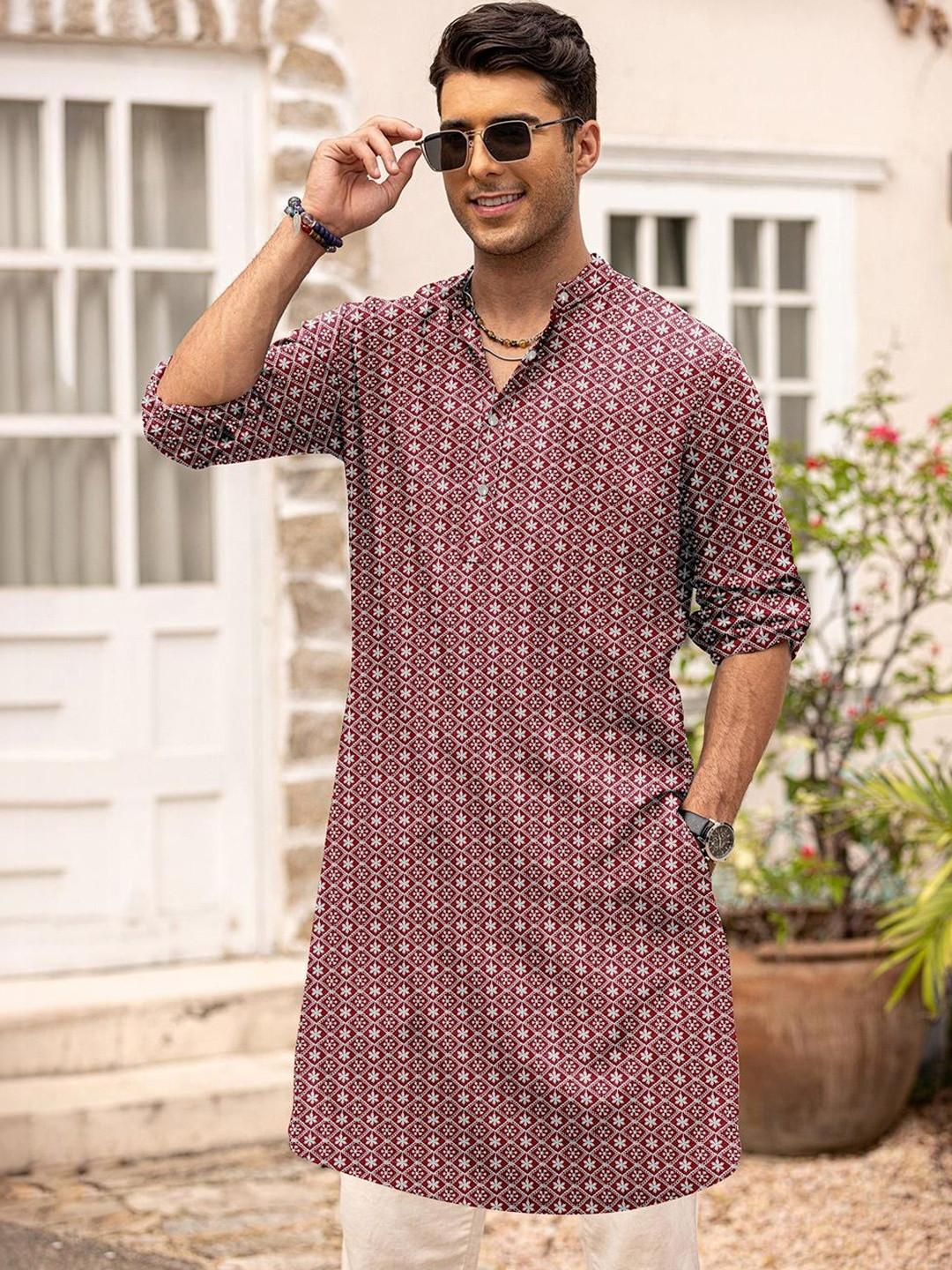 Anouk Men Geometric Embroidery Knee Length Straight Kurta