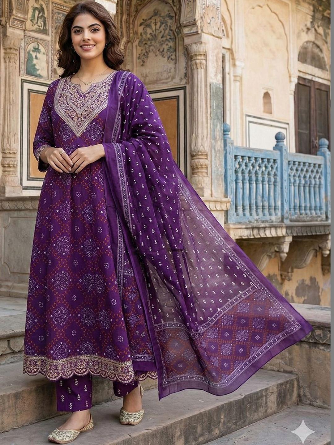 Anouk Women Ethnic Motifs Printed Panelled Thread Work Pure Cotton Kurta with Trousers & With Dupatta